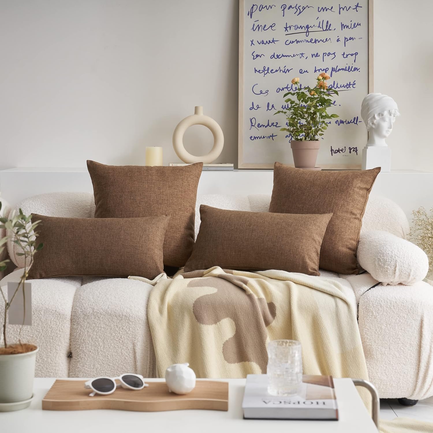 Demetex 24x24 Brown Pillow Covers Set of 2 Modern Linen Throw Pillows Square Decorative Pillowcases for Living Room Bedroom Sofa Couch, 24 x 24 inch, Brown