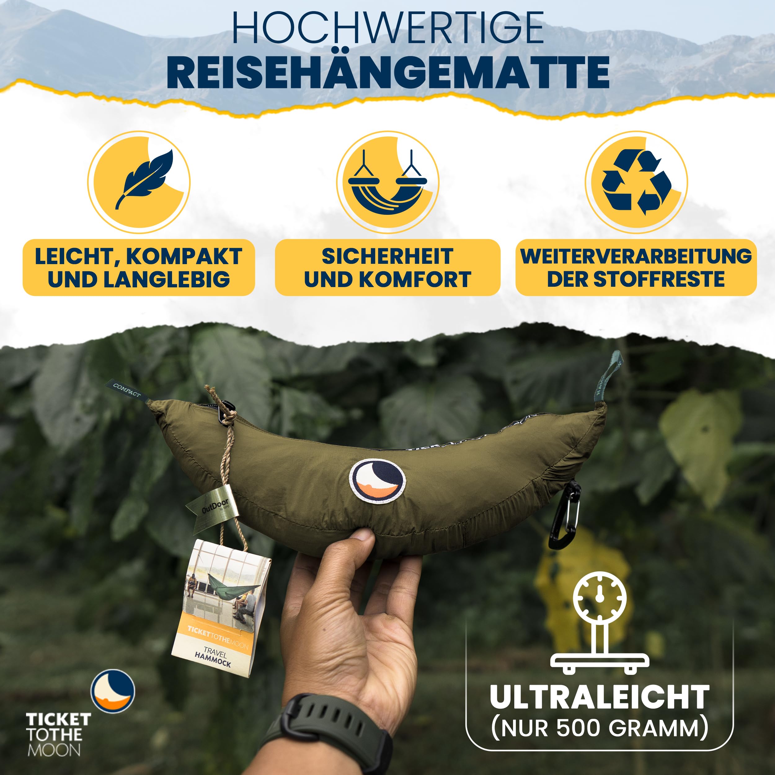 Ticket to the Moon Fair Trade & Artisanal Compact-Hamac Vert Militaire pour Voyages, Camping, Jardin, Maison, 3.2 * 1.55m, 480g, Durable Nylon en Soie De Parachute, Installation < 1min