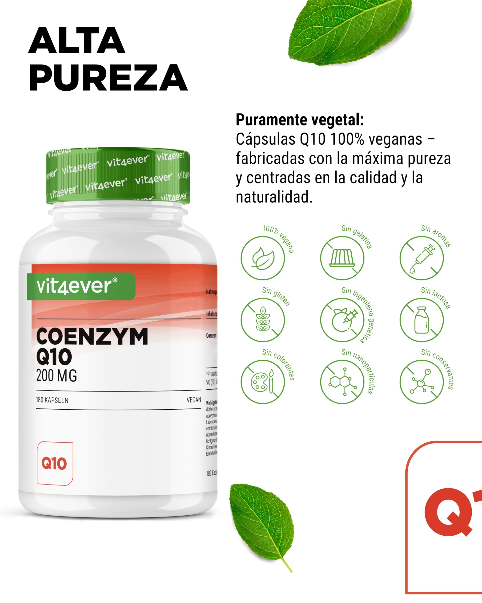 Coenzima Q10 con 200 mg por cápsula - 180 cápsulas veganas - 6 meses de suministro - Premium high dose Q10 - alta dosis, sin aditivos innecesarios
