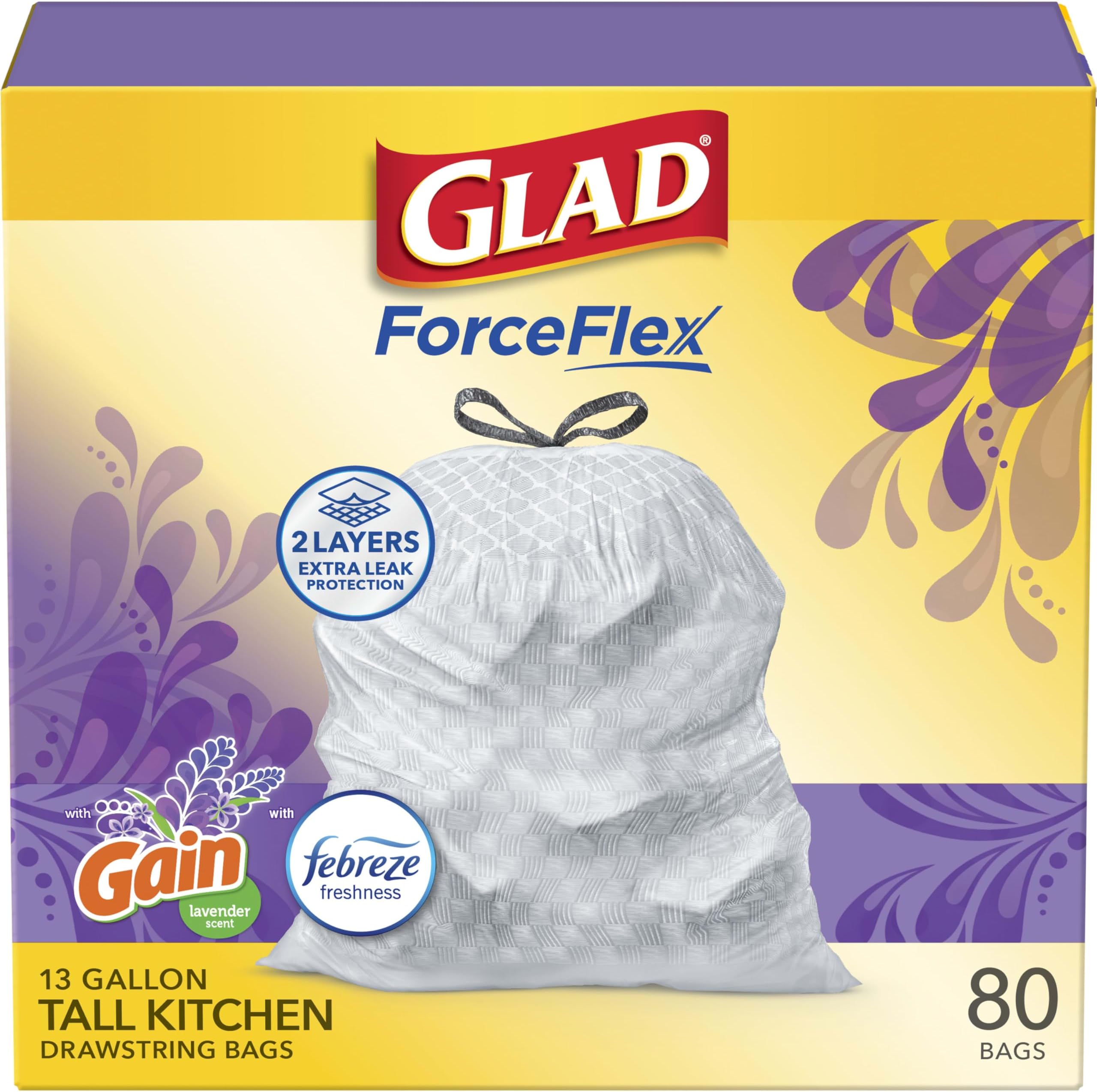 ForceFlex Tall Kitchen Trash Bags, 13 Gallon, Gain Lavender, 80 Count (Package May Vary)