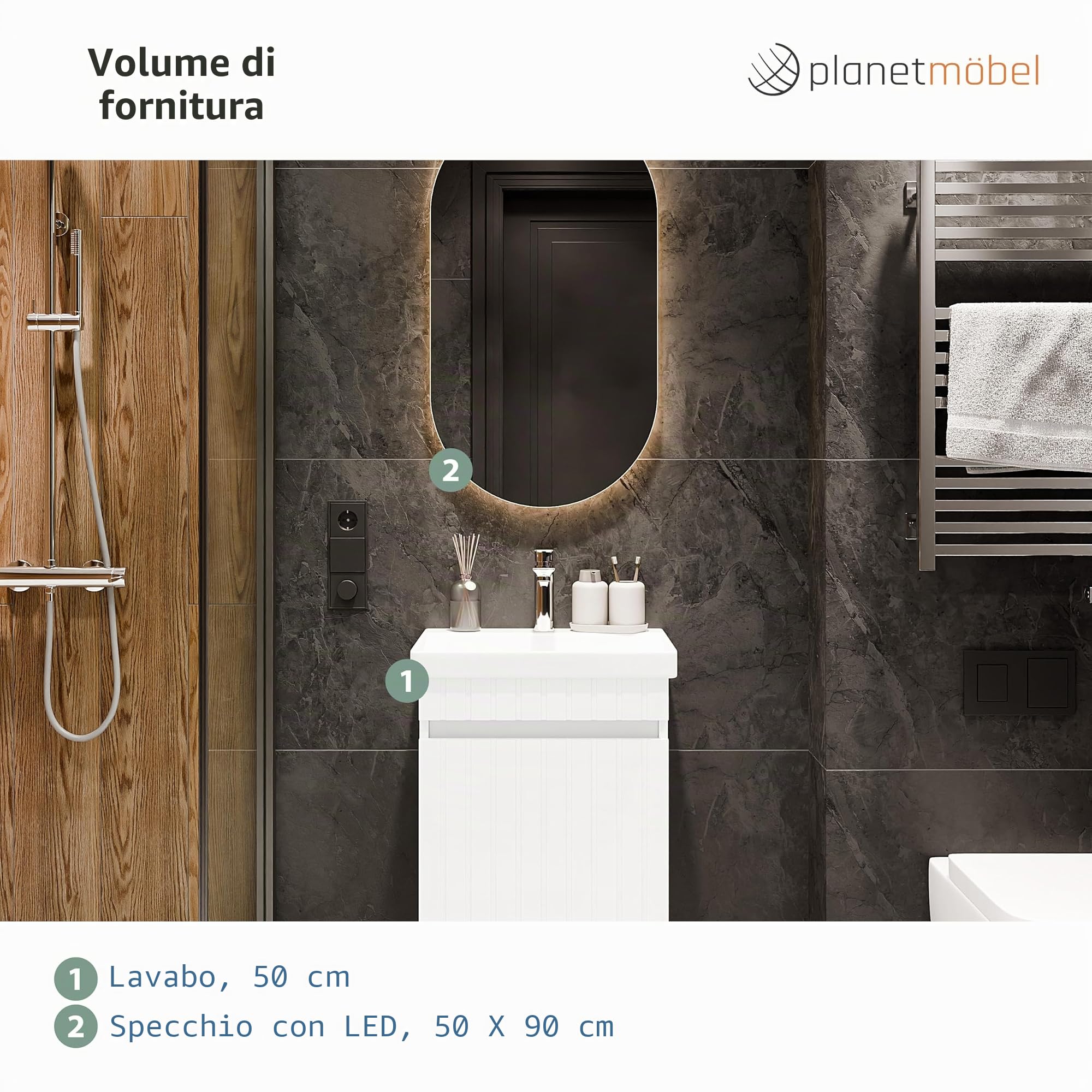 Planetmöbel Cosmia - Set di mobili da bagno con mobiletto da 50 x 60 x 35 cm, colore: bianco, specchio da bagno con illuminazione da 50 cm, lavabo con porta