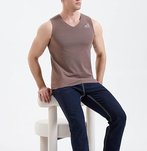 Miniatura 2 de Ropa interior térmica de invierno con forro polar para hombre, camiseta sin mangas, capa base cálida, chaleco sin mangas para clima frío, Marrón con