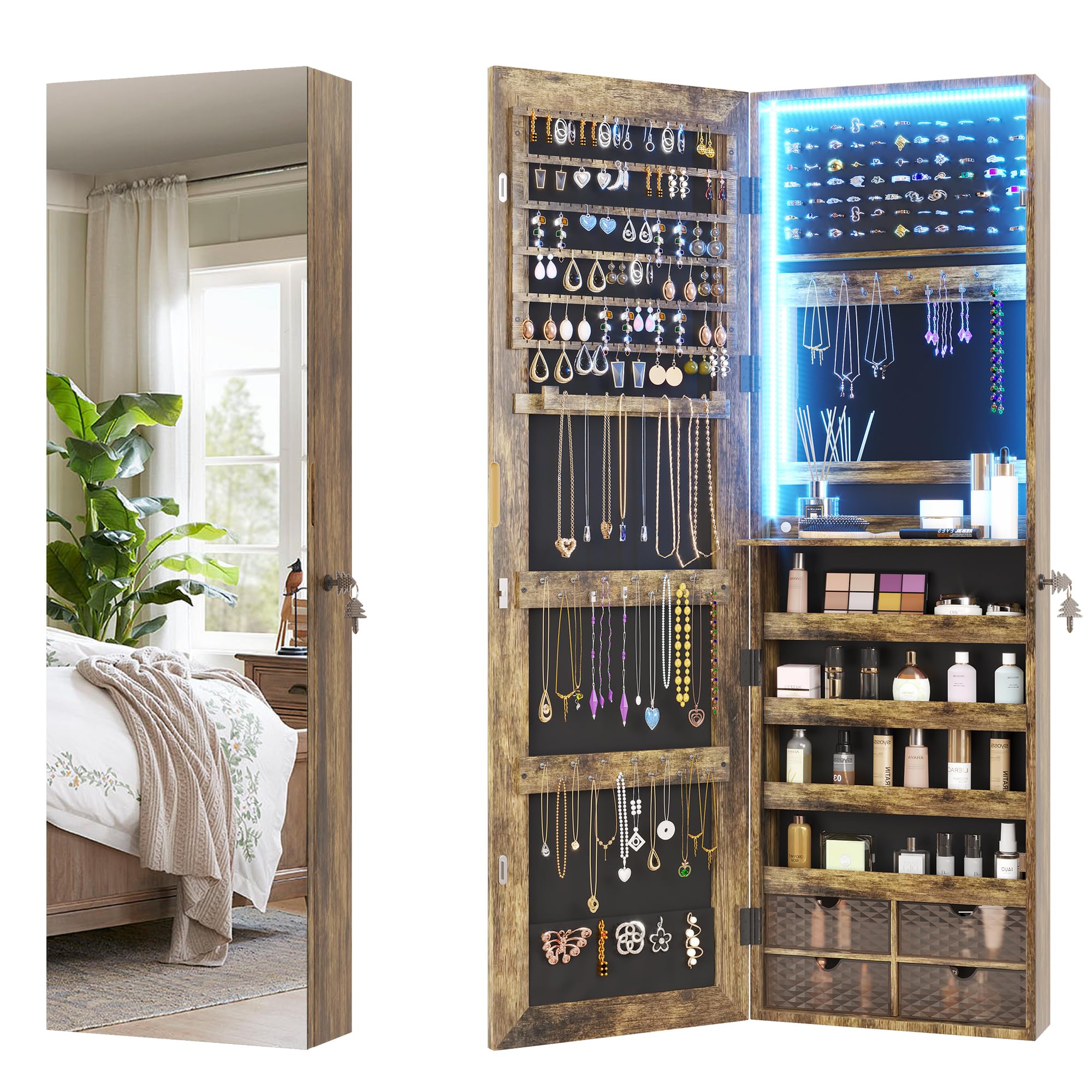 VlsrkaVlsrka 47.2" LED Jewelry Mirror Cabinet, Wall/Door Mounted Jewelry Armoire Organizer with Full-Length Mirror, Large Capacity Storage Hanging Cabinet, 4 Drawers, 5 Shelves, Built-in Lighted Mirror