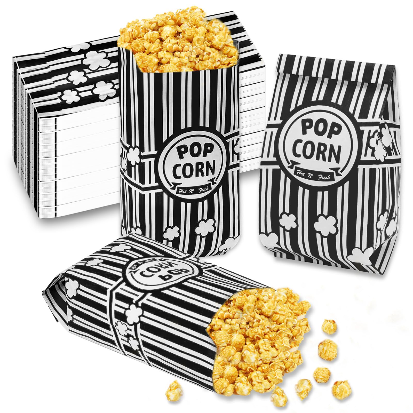 300 Pièces Sachet Pop Corn,Petites Sac Popcorn en Papier Rouge Blanche Rayé,Classique Rétro Snacks Container pour Les Fêtes, Anniversaires, Soirées Cinéma Carnival, Noir & Blanche(21×9×6cm)