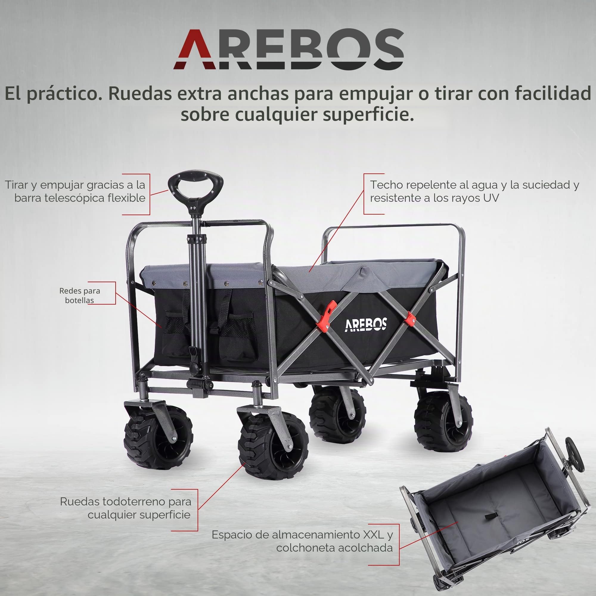Arebos - Carro Playa | Carrito Plegable Transporte para Jardín | Carrito Plegable para aparatos | MAX 100kg | Negro