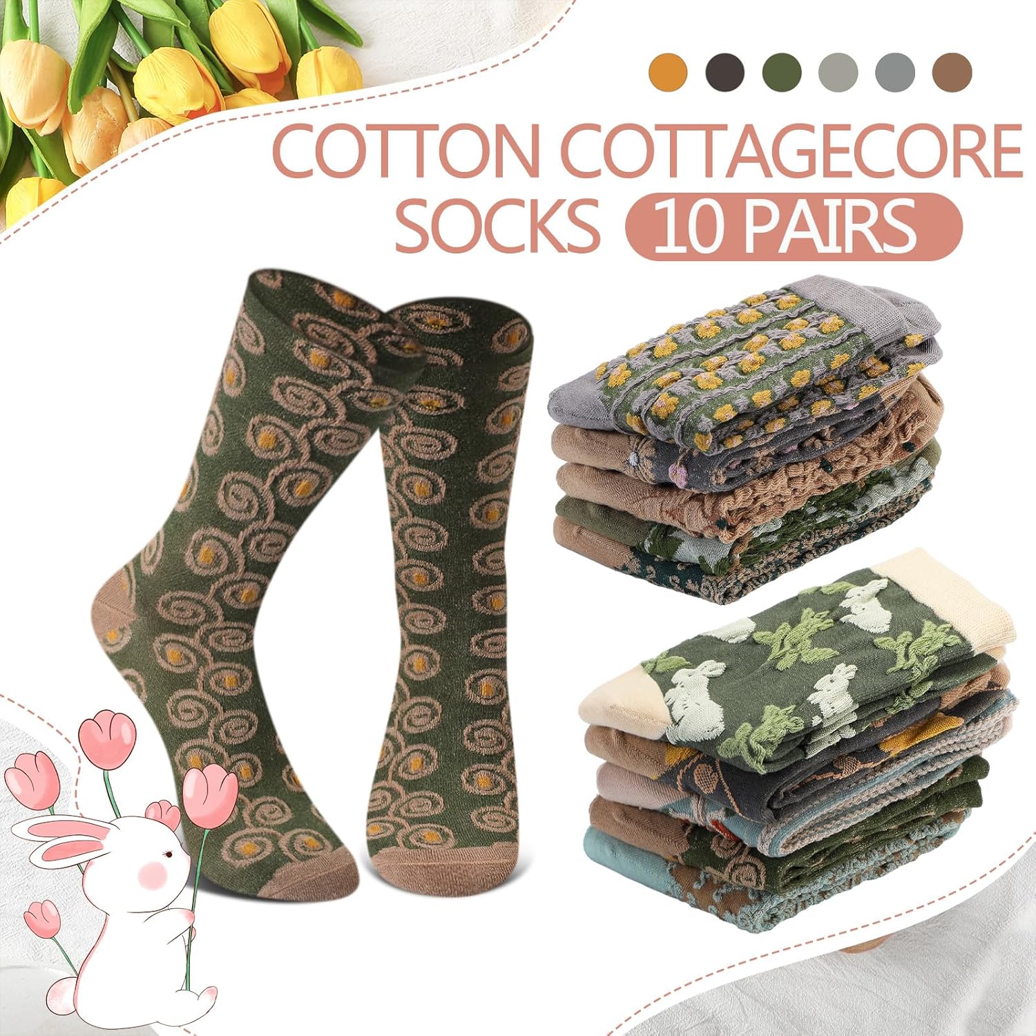 10 Pairs Womens Cute Cottagecore Floral Crew Socks 3D Flower Embroidered Cotton Vintage Socks Gifts - Image 3