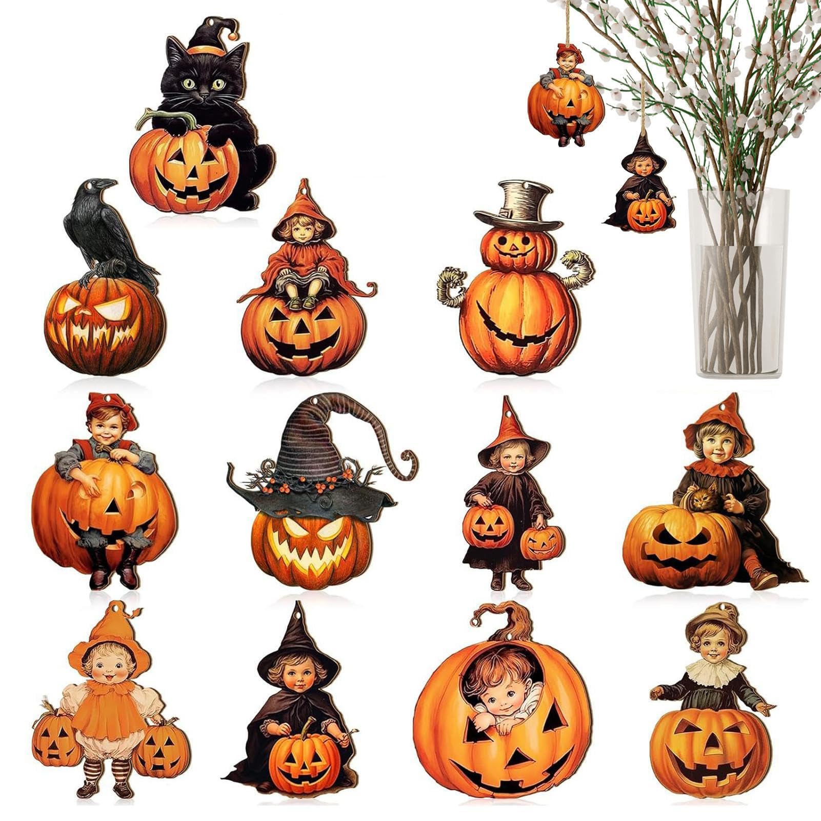 12PCS Halloween Tree Hanging Ornaments - Double Layer Metal Pumpkins, Ghosts, Bats, Skulls, Black Cat Decor