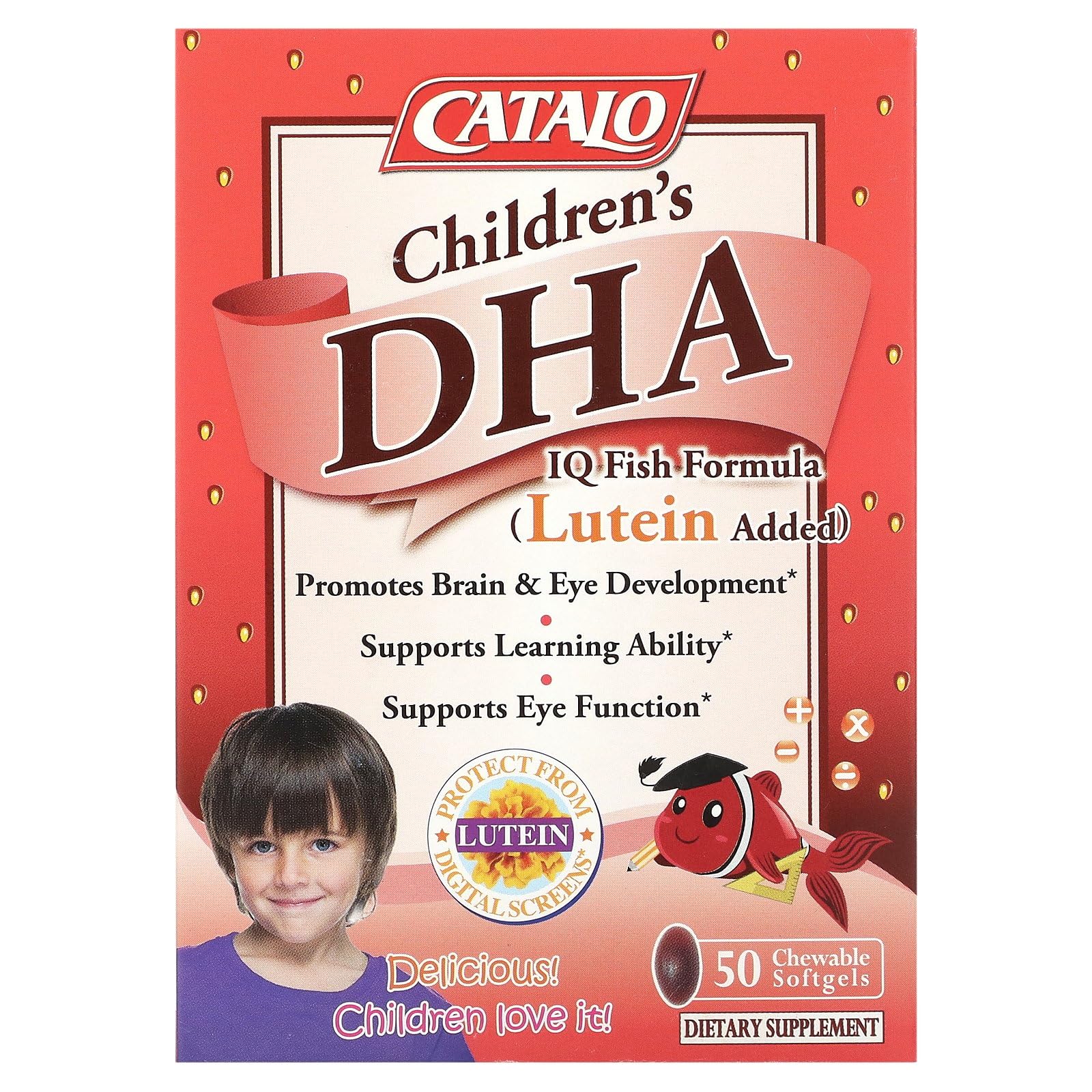 CATALO Children's DHA IQ Fish Formula, Lutein Added, Strawberry, 50 Chewable Softgels