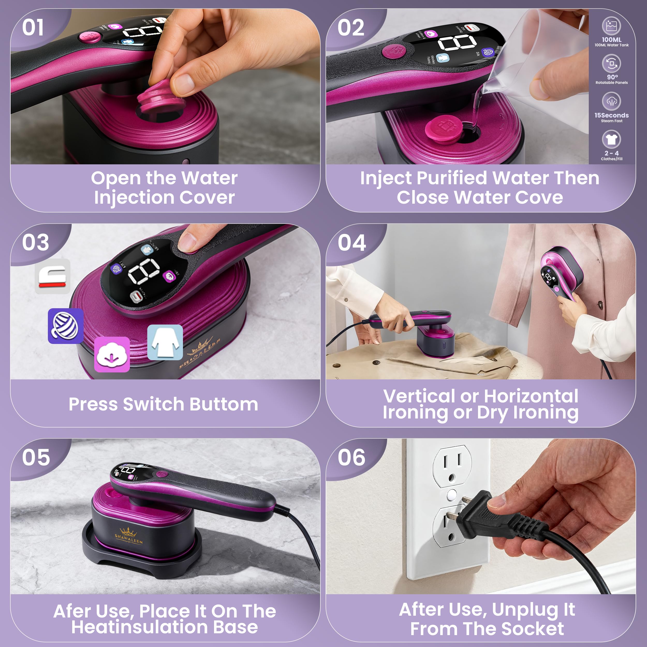 Vaporizador portátil 2 en 1 para ropa, 10 segundos, diseño de vapor de agua con calefacción de cerámica, 4 modos de vapor con pantalla LCD y tanque compacto de 110 ml