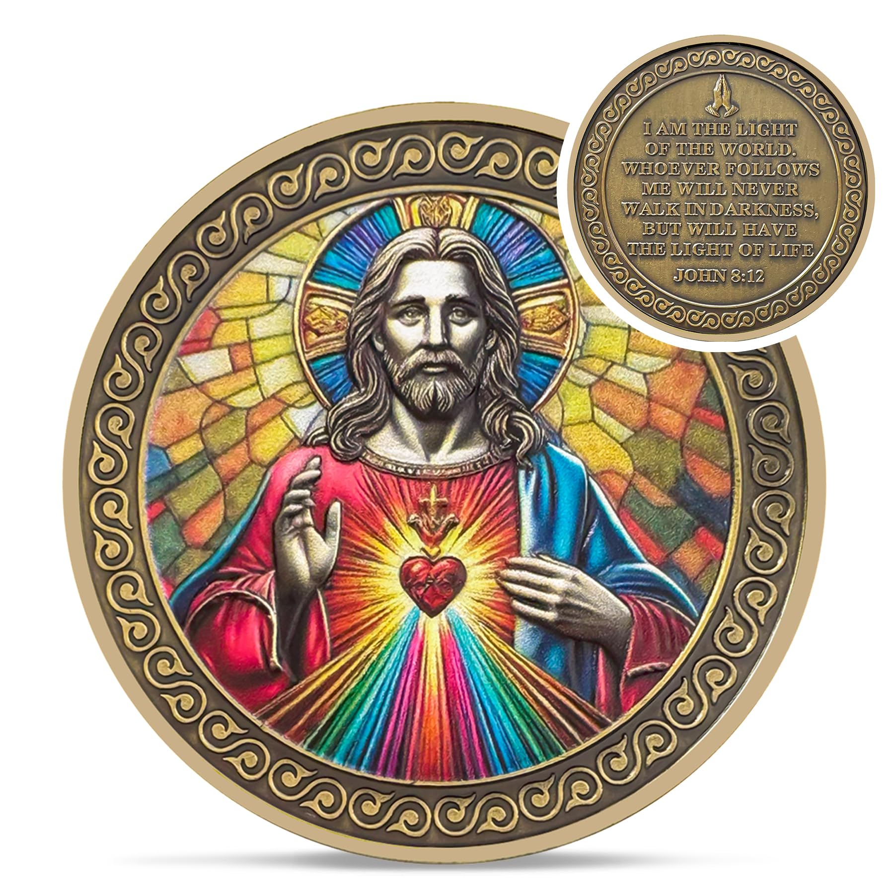 Original Sacred Heart Christian Challenge Coin - Copper John 8:12 Jesus Religious Token - Art God Pocket Bible Verses Chip for Study - Good Luck Commemorative Gifts for Men Women Kids Coworker