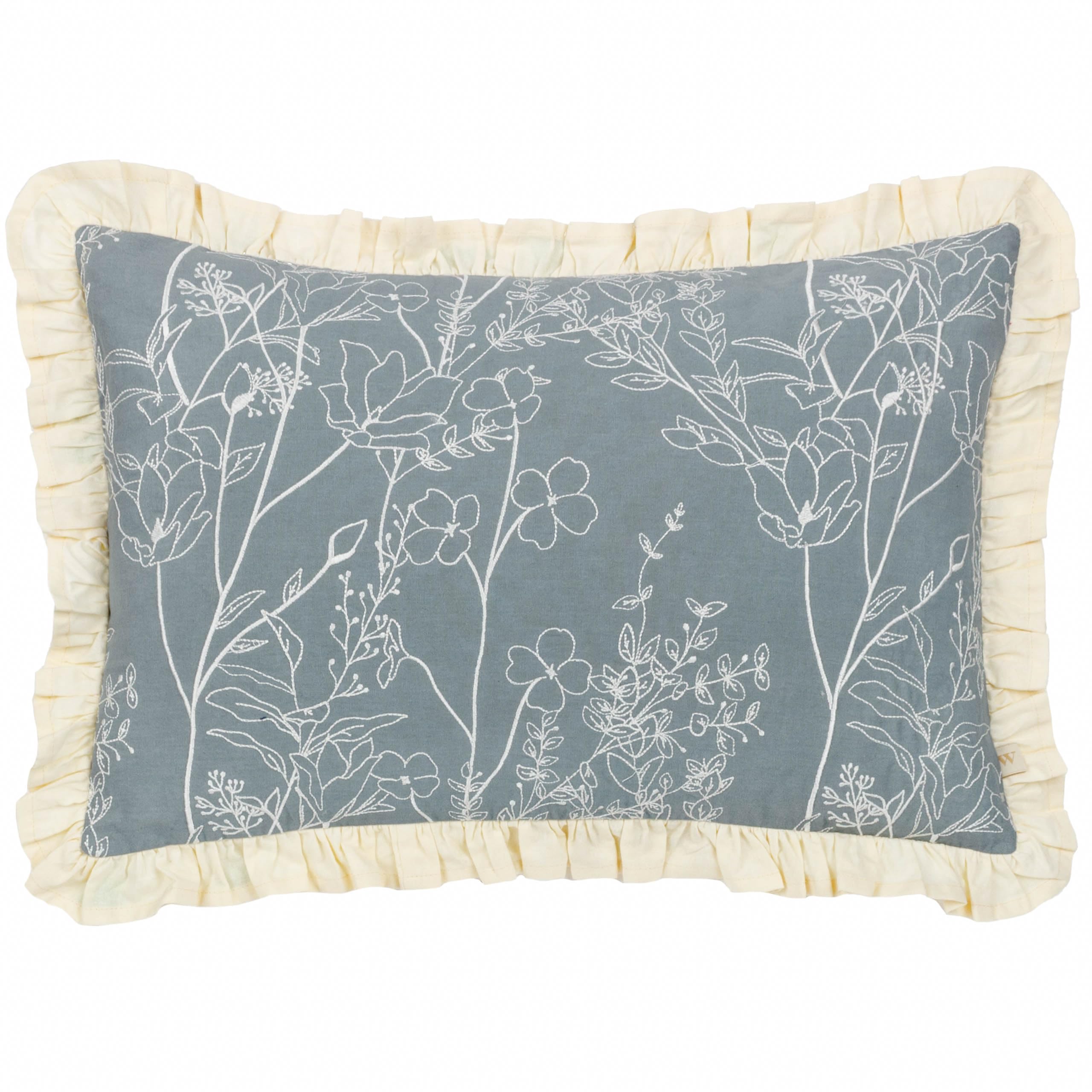 furn. Wylder Mae Cushion Cover – Embroidered Floral Cotton Ruffle Trim Decorative Case (French Blue – 35x50cm) — image 1