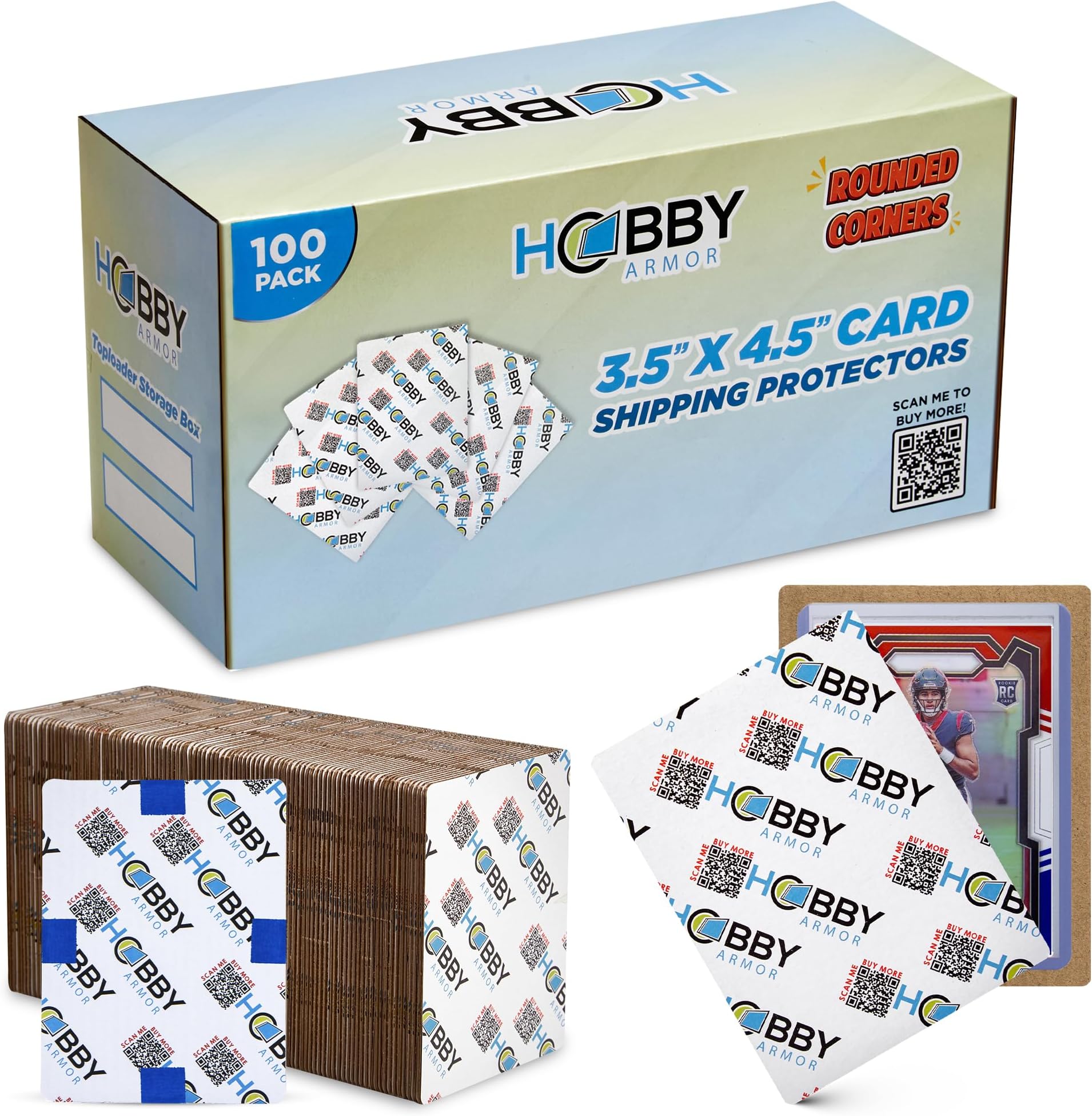 Trading Card Shipping Protector by Hobby Armor, 3.5" x 4.5" with Rounded Corners, Vibrant Multi-Color Card Protector to Guard Cards From Dings, Premium Lightweight Cardboard Shipping Supplies 100 Pack