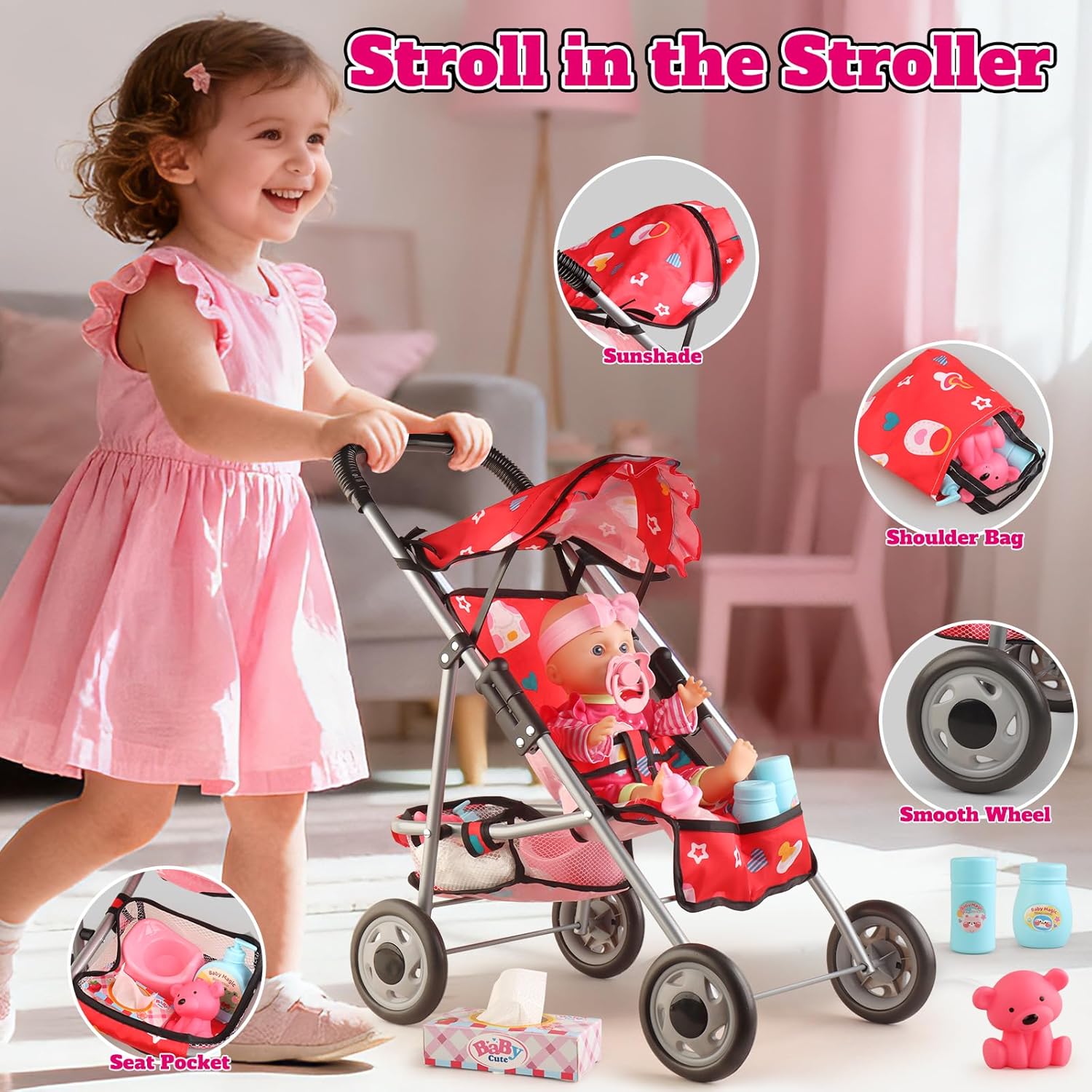 Baby Doll Stroller Set - A 12.5" Baby Doll with Doll Accessories & 2 Sets Clothes, Baby Doll Stroller for Toddlers 3-5, Doll Playset Toy Stroller for Kids, Gifts for Girls 3 4 5 Year Old Girls Toys