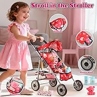 Vista 5 de Juego de Cochecito de Muñeca Bebé - Una Muñeca Bebé de 12.5" con Accesorios para Muñecas y 2 Juegos de Ropa, Cochecito de Muñeca para Niños Pequeños