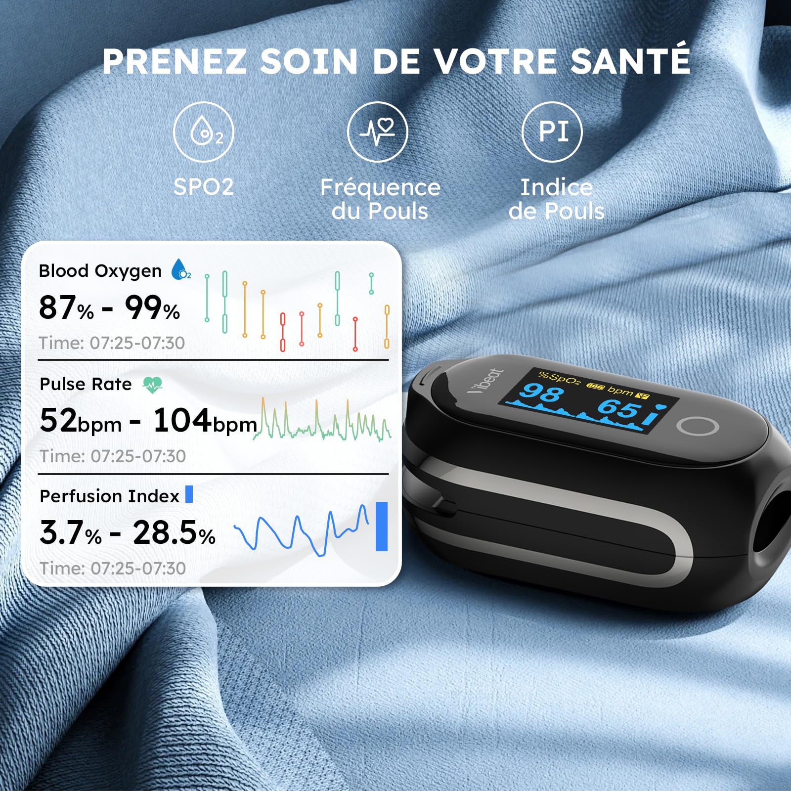 Vibeat Sleep Oxymètre de Doigt Bluetooth avec mode continu, Rechargeable Oxymètre de Pouls avec 80 Heures d'Enregistrement des Données, avec Synchronisation Automatique des Données