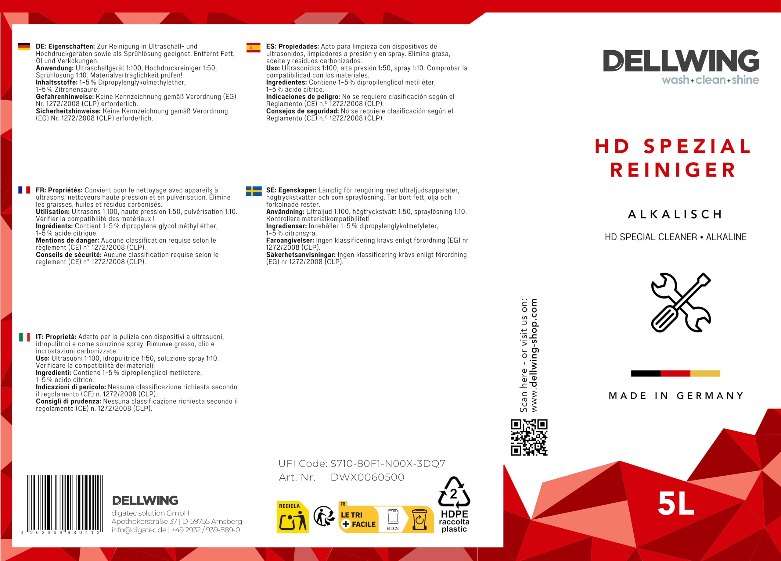 Dellwing HD Limpiador especial 5 l, concentrado alcalino para piezas de automóvil, carburadores e inyectores, fabricado en Alemania