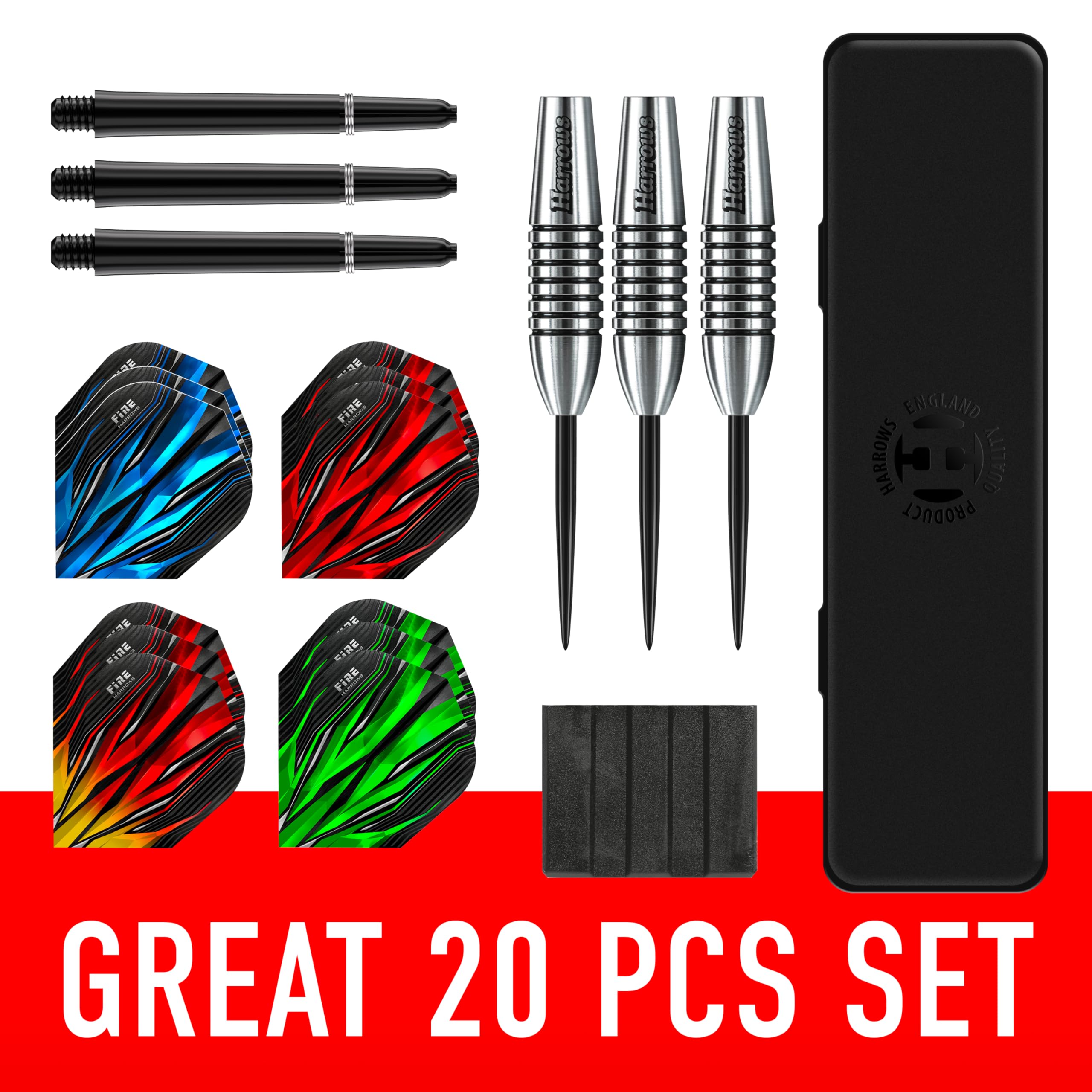 Harrows Lot de 20 fléchettes Fire Bomber avec pointe en acier tungstène I 23 g, 25 g, 27 g disponibles I énorme lot de 20 pièces avec ailettes de rechange 25 g