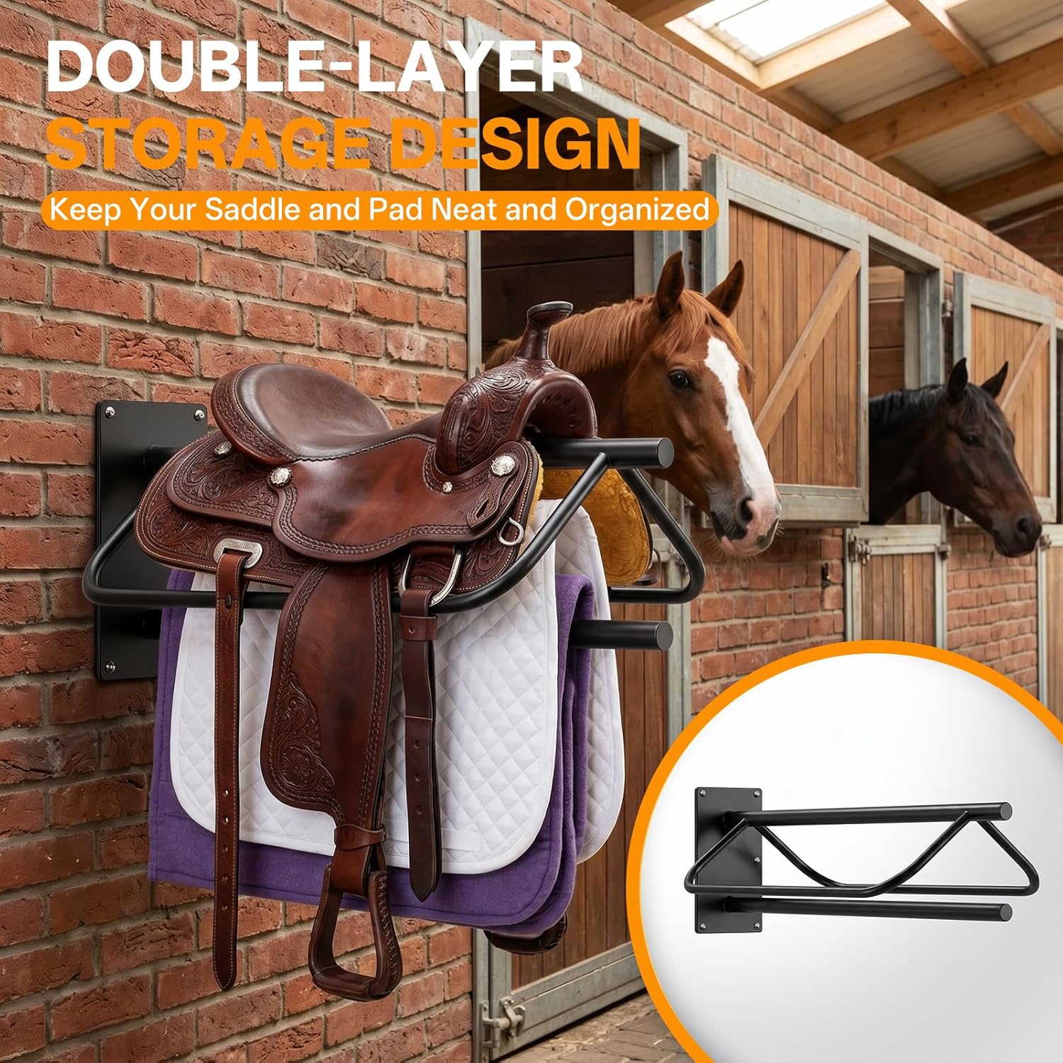 2 Pack Wall Mounted Saddle Racks with Pad Bar, Heavy Duty Black Saddle Rack Stand, Sturdy Saddlestand for English and Western Saddles, Blankets & Horse Gear