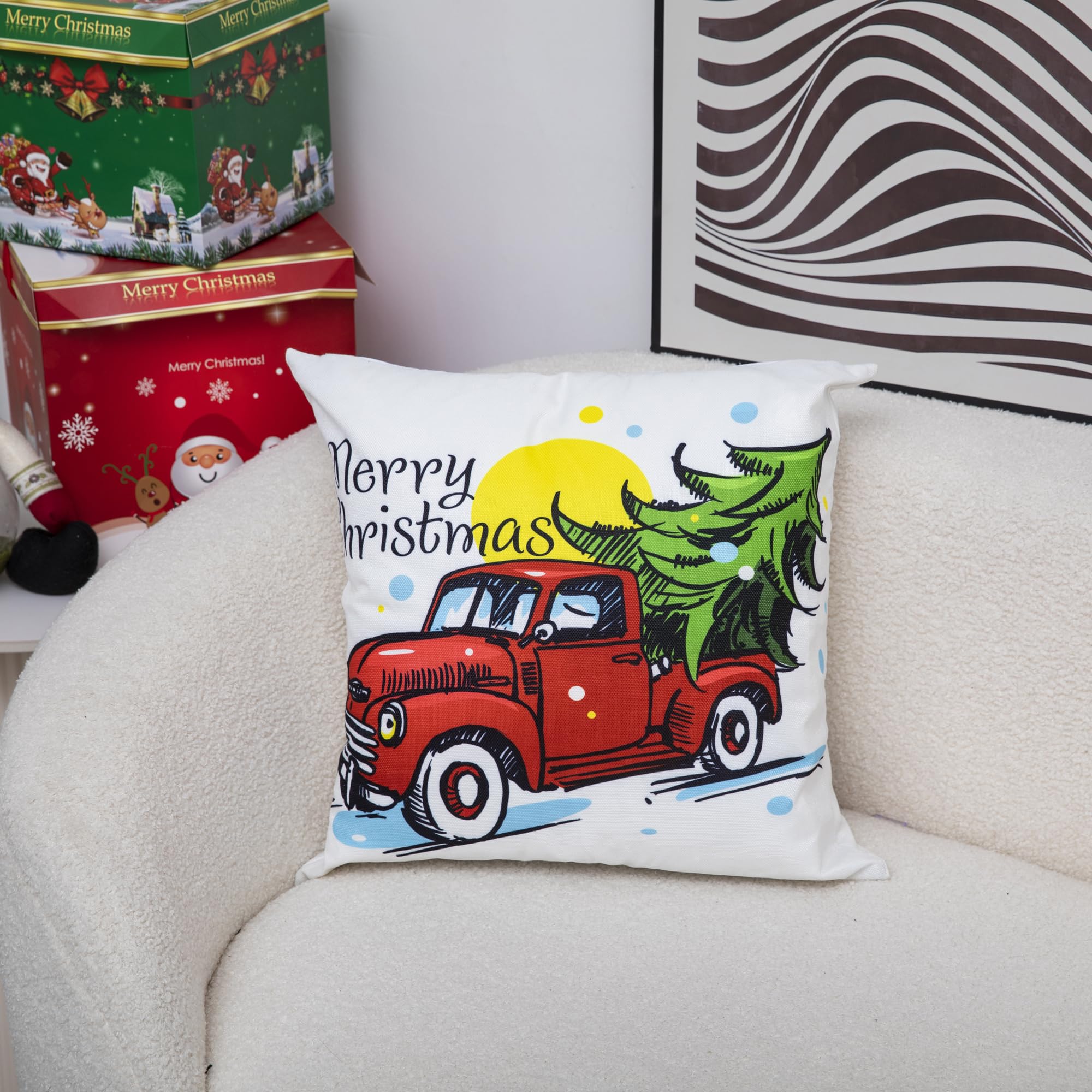 Merry Christmas Throw Pillow, 18x18in Red and Black Plaid Christmas Tree Decorative Cushion, Snowflakes Holiday Pillow for Sofa and Bed