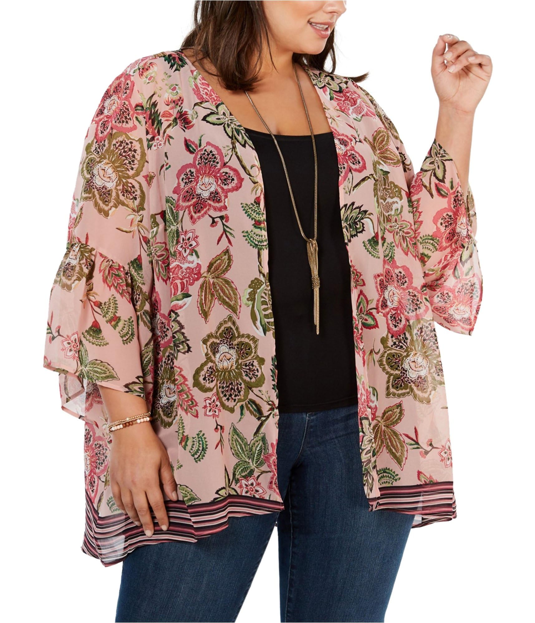 Style & Co. Womens Plus Floral Print Long Sleeves Kimono Pink 2X