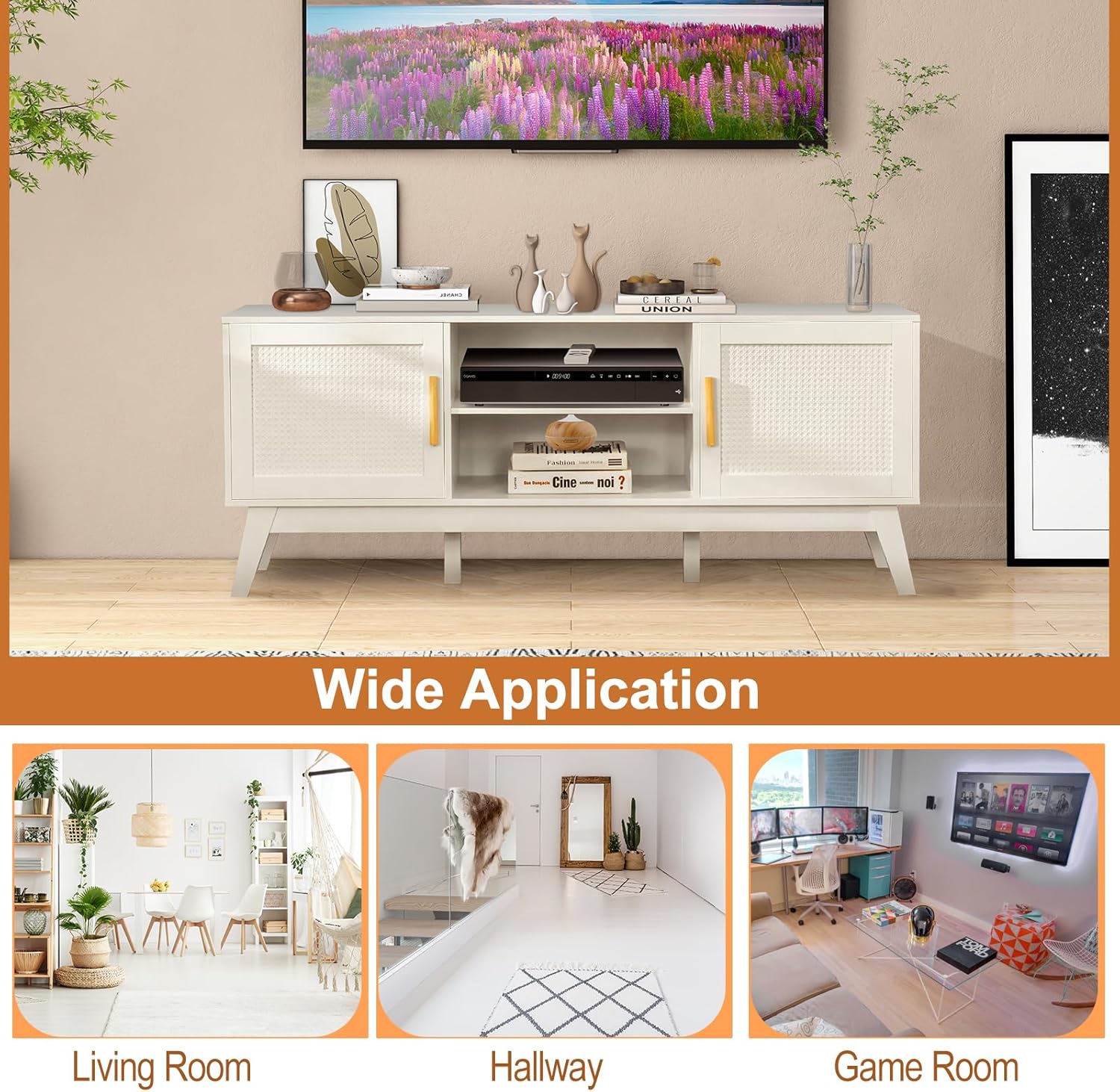 LOKO Natural Rattan TV Stand for 65-Inch TV, Media Storage Cabinet with 2 Doors, Adjustable Shelf, Modern Media Entertainment Center with Cable Management Holes for Living Room, Bedroom