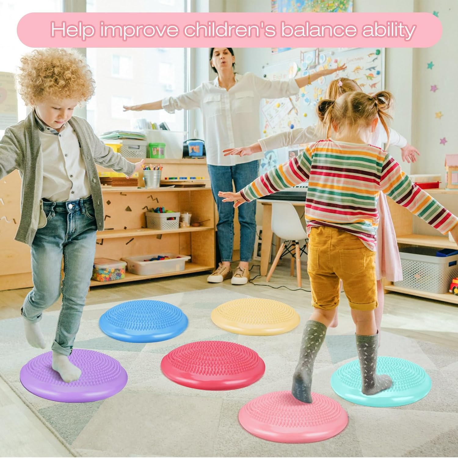 Amylove 6 Pcs Wiggle Seat Inflated Wobble Cushion for Sensory Kid 13 Inch Balance Disc Kids Flexible Seating Exercise Sensory Pad Chair Cushion for Classroom Office School