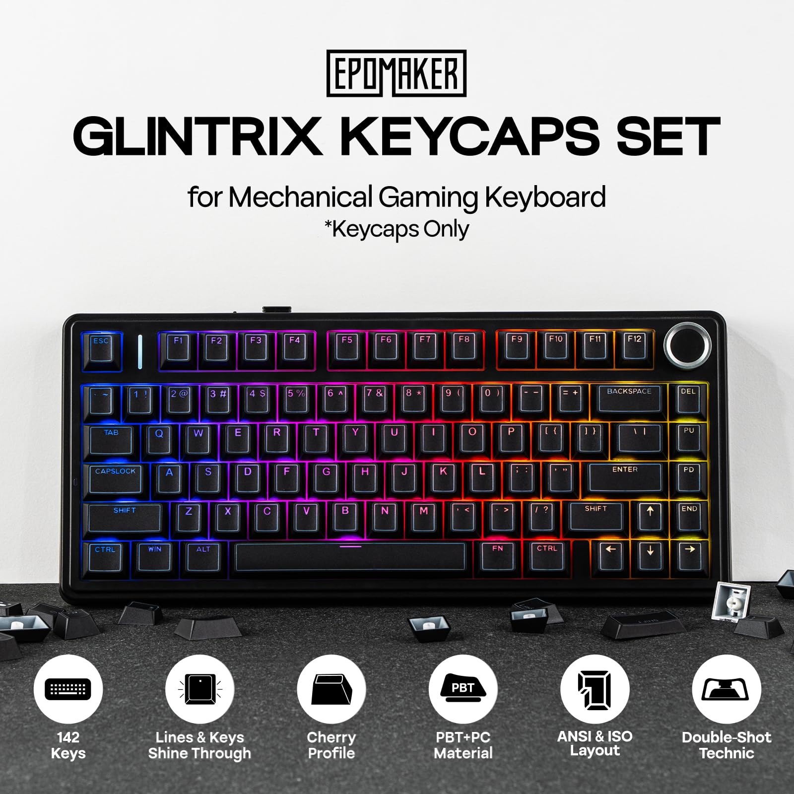EPOMAKER Glintrix PBT Shine Through Keycap, Arris & Keys Retroilluminato, Double Shot, Cherry Profile, 60/75/96/Full Size, set di Tasti per Tastiera Meccanica da Gioco (Nero)