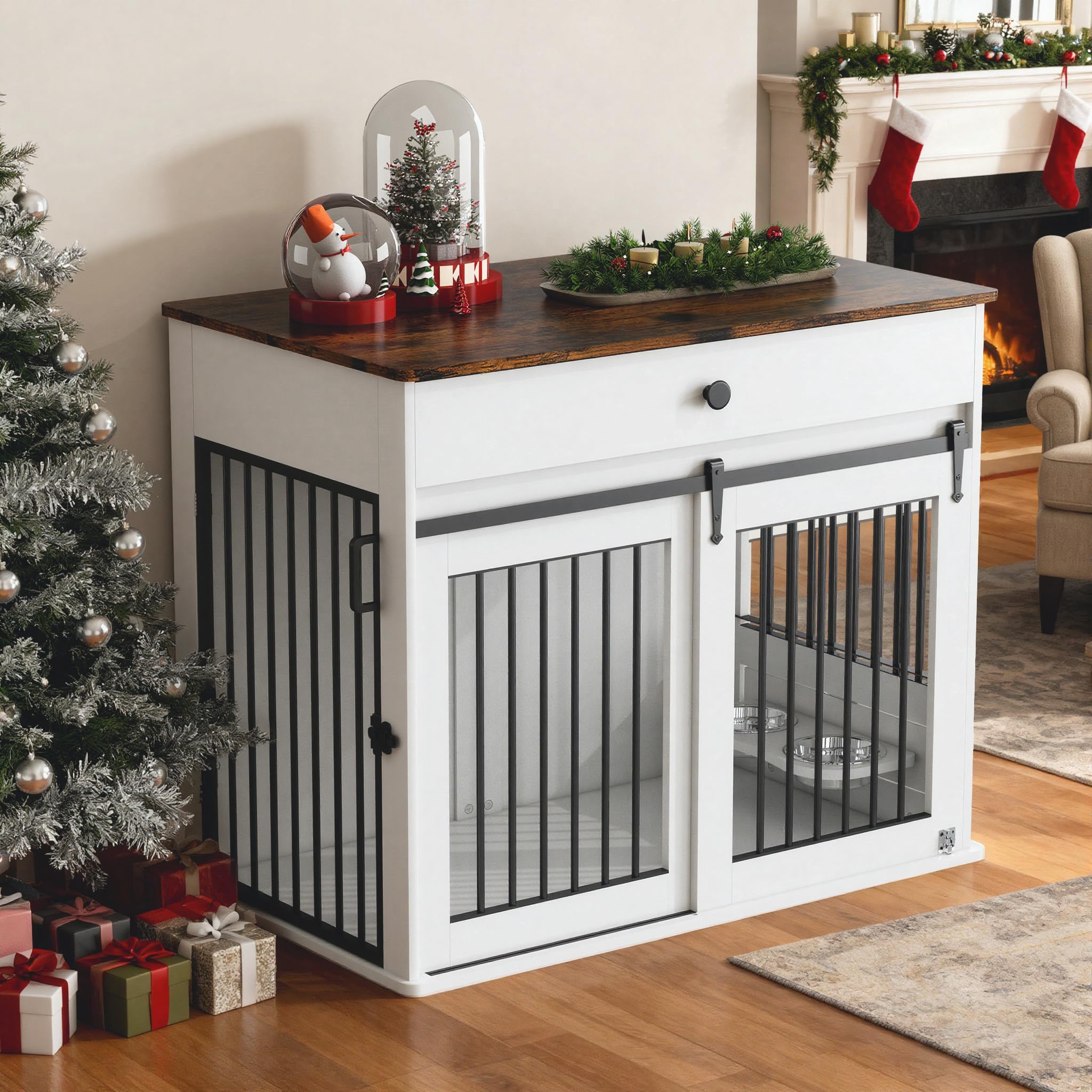 Dog Crate, Furniture Style Pet Crate with Sliding Doors, Wooden Indoor Dog Kennel Side Table with Drawer, Lockable Dog House with 360°Rotatable Bowl, White