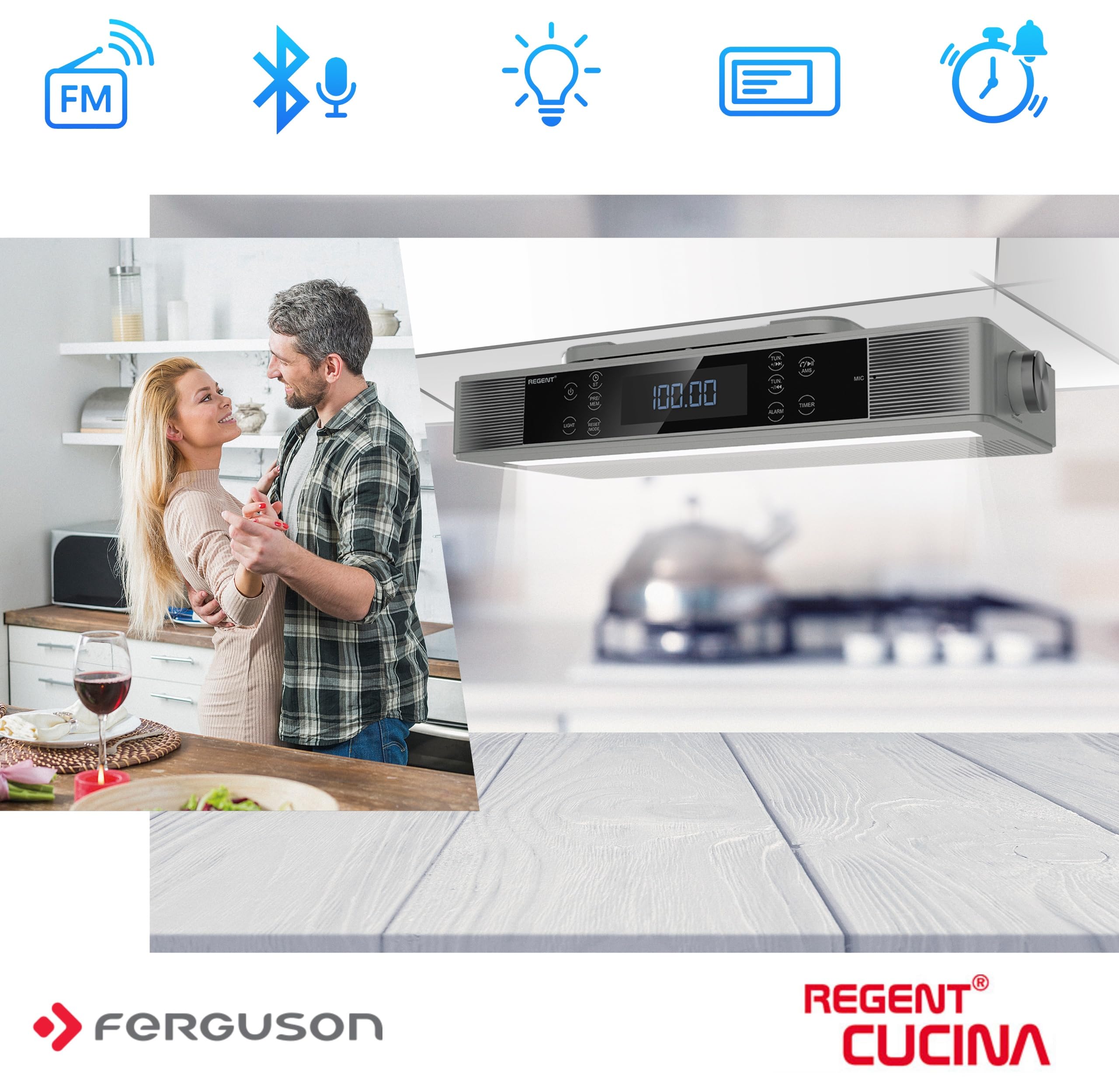 Regent Cucina - Radio de Cuisine encastrable - avec Dab/Dab+, FM, Bluetooth, Barre LED, écran Couleur, minuterie de Cuisine et 2 réveils - Radio encastrable Parfaite pour la Cuisine - Couleur