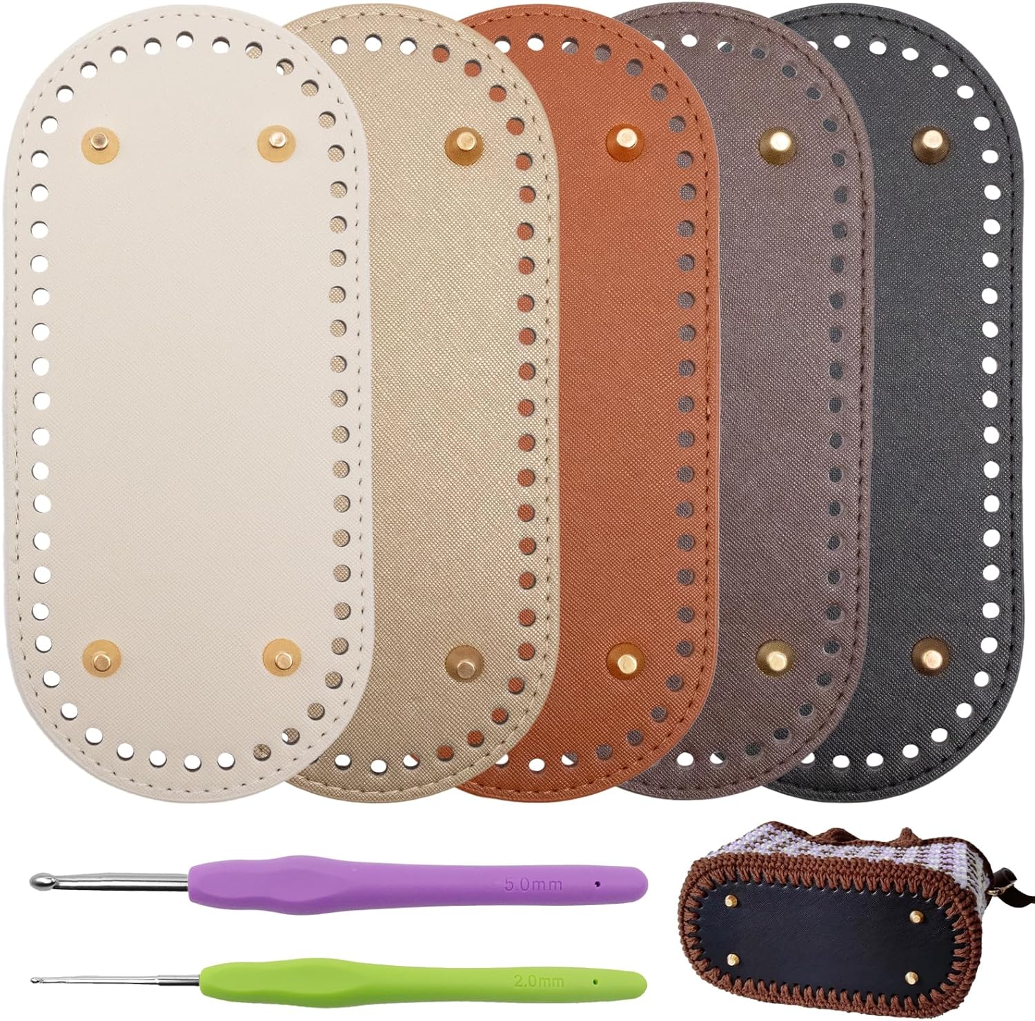 5 PCS Bag Bases 8.6" x 3.9" Purse Bottoms for Crochet Bags with 2 PCS Crochet Hook 5 Colors Leather Purse Bottoms for DIY Bags Making Supplies Kit Knitting