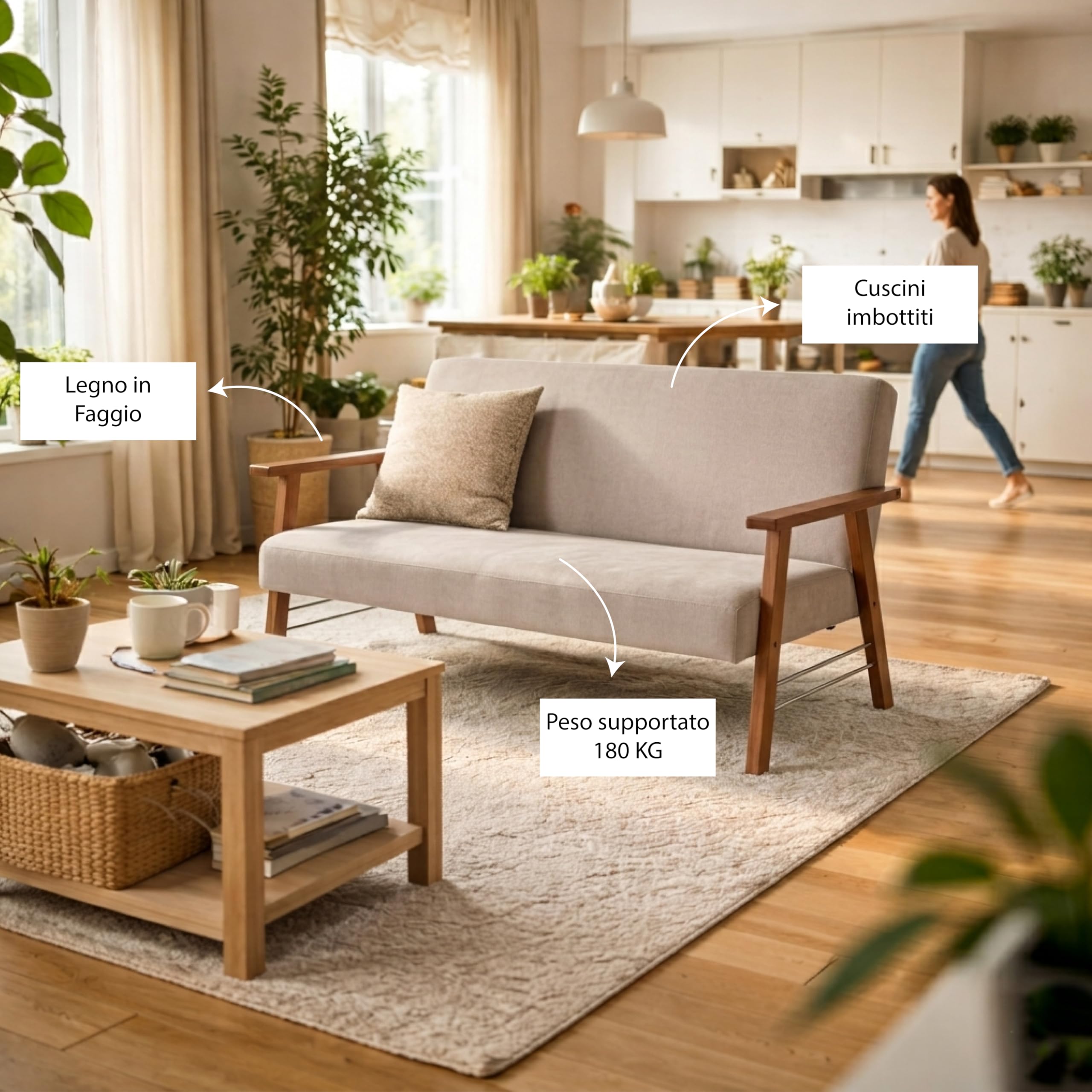 MA MAISON Divano da Giardino in Legno 59X77X91H CM - in Tessuto, Imbottito, Braccioli, da Arredo, Interno, Esterno, per Soggiorno, Terrazza, Resistente, Relax, Moderna - Made in Italy (Beige)