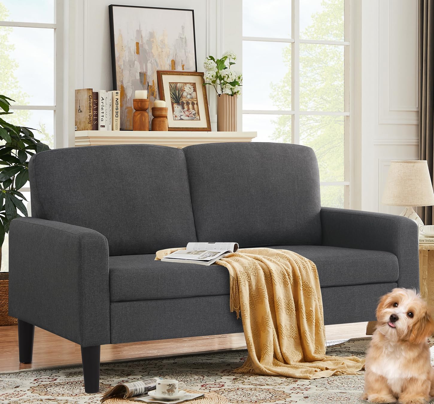 asunflower Small Loveseat Sofa 52Inch Couch for Small Spaces, Comfy Linen Fabric 2 Seater Sofa Office Couch Tool-Free Assembly Love Seats for Bedroom,Drom Room,Kid's Room,Light Grey