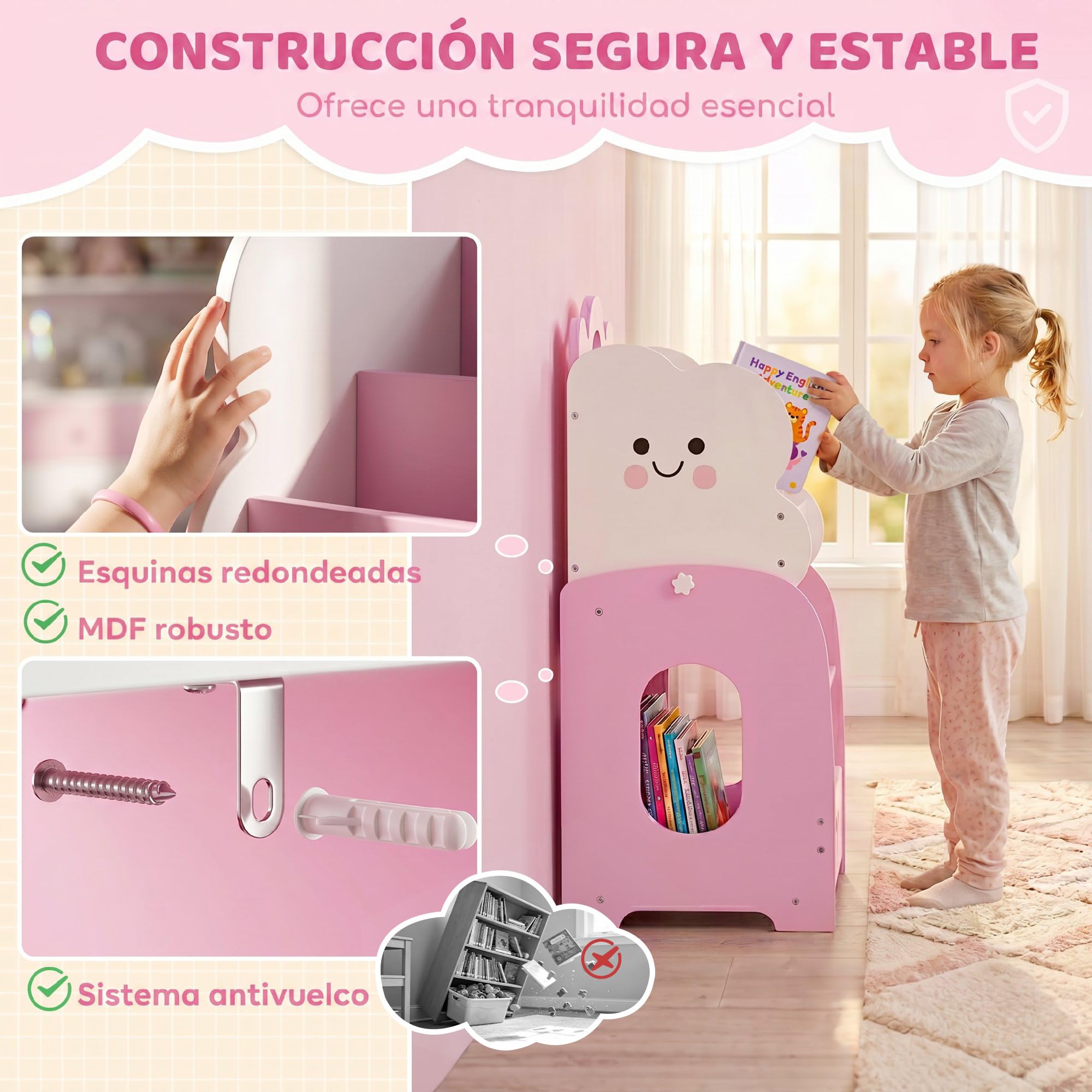 AIYAPLAY Estantería Infantil para Juguetes 3 en 1 85,5x32x72 cm Rosa | Organizador de Juguetes con Librería, Revistero y Mesita de Noche, para Niños 3-8 Años, para Dormitorio, Sala de Juegos