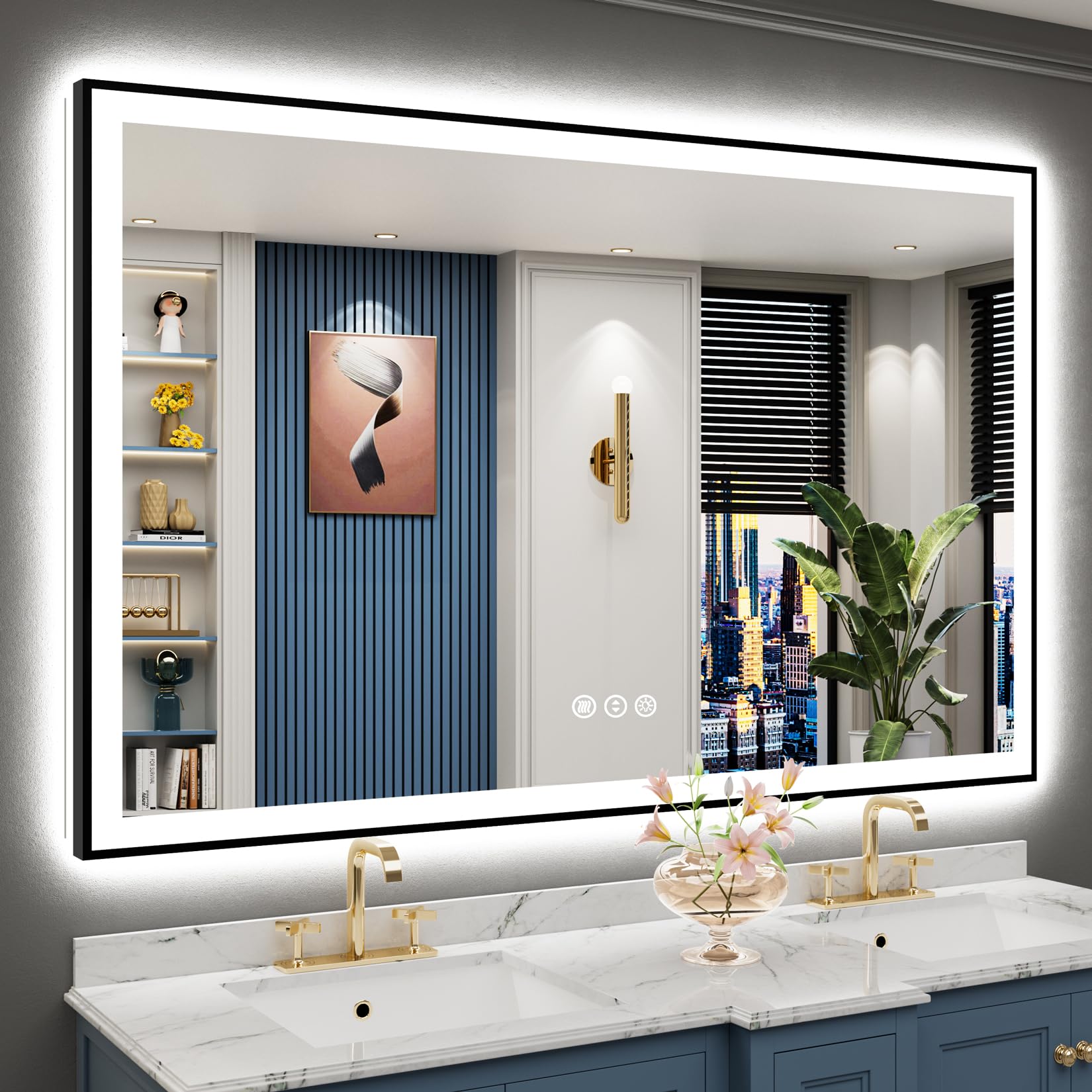 60x40 Black Framed LED Bathroom Mirror with Lights, Backlit and Front Lit Anti-Fog Lighted Vanity Mirror for Bathroom Wall, Dimmable, 3 Colors, Memory, Shatter-Proof, HD Tempered Glass, CRI 95