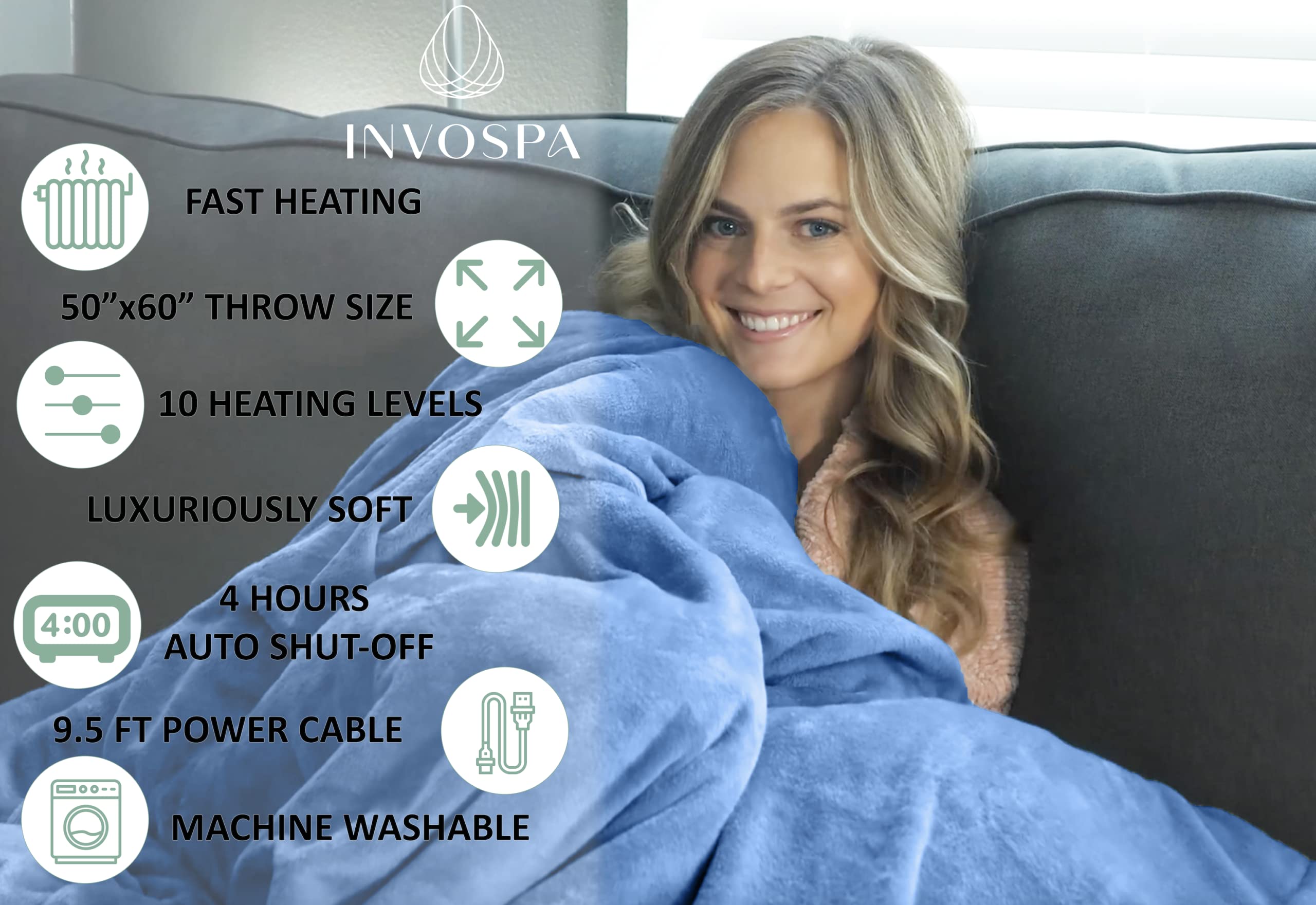 Amazon.com: Electric Throw Heated Blanket - 50 x 60 Blue Fast Heating  Blanket, 10 Heat Levels, 4 Hours Auto Shut-Off - Electric Blanket Throw  Portable Heated Lap Pad - Machine Washable Heated