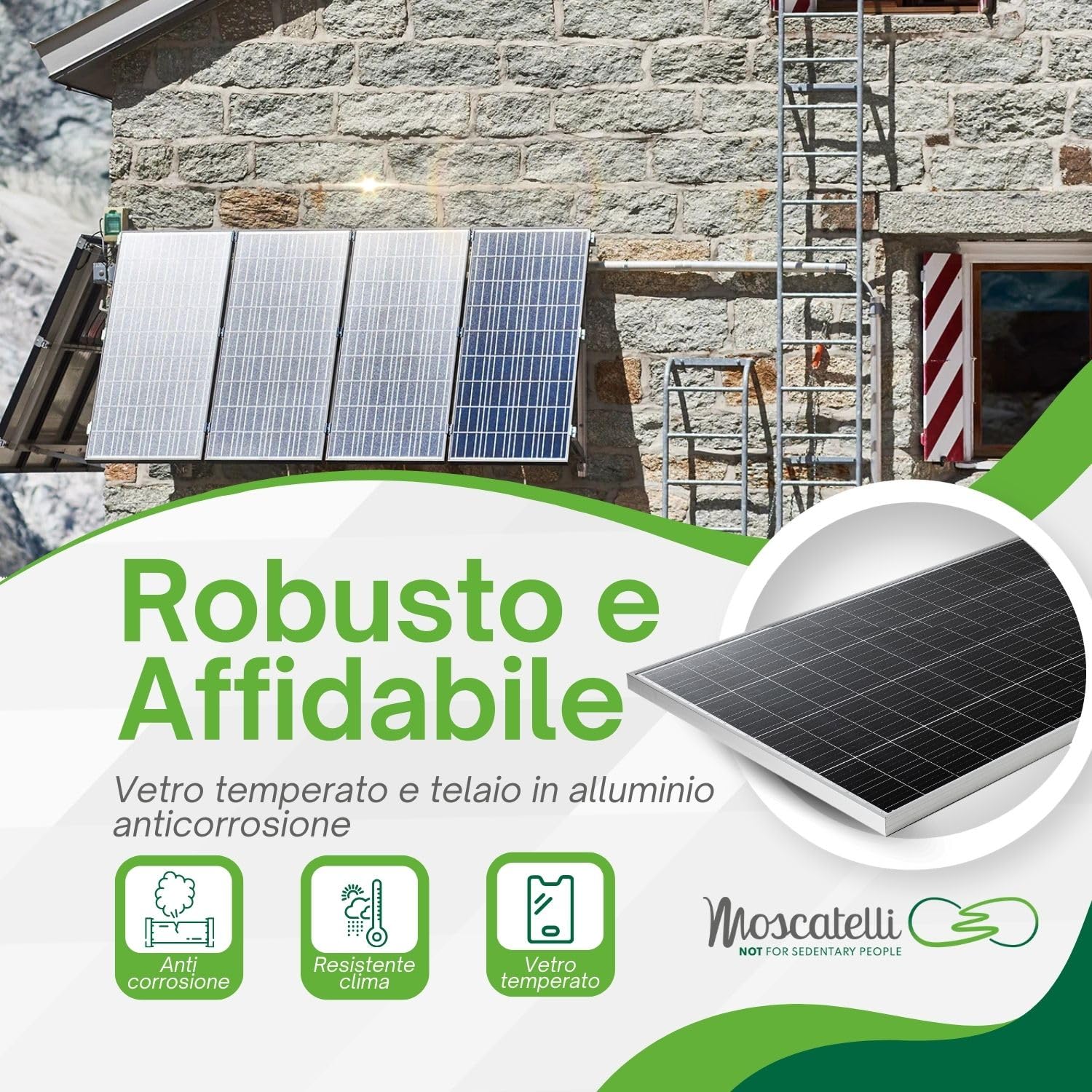 MOSCATELLI Pannello Solare 240W per Batterie 12V-24V - Fotovoltaico da Balcone con Celle Monocristalline PERC 10BB ad Alta Efficienza – Tensione 42V e Massima Resa Energetica