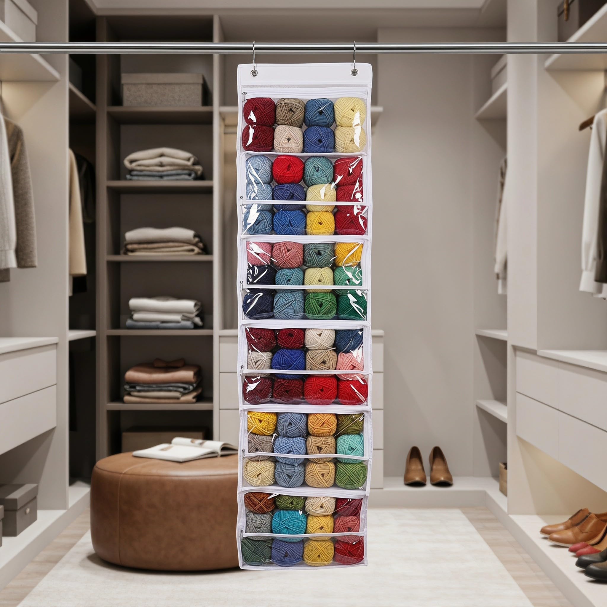 Organizzatore per Filati da Appendere con 6 Tasche con Chiusura a Cerniera - Borsa Multi-Scomparto da Appendere alla Porta, Trasparente, Porta Kit per Uncinetto, Gancio per Armadio, ago