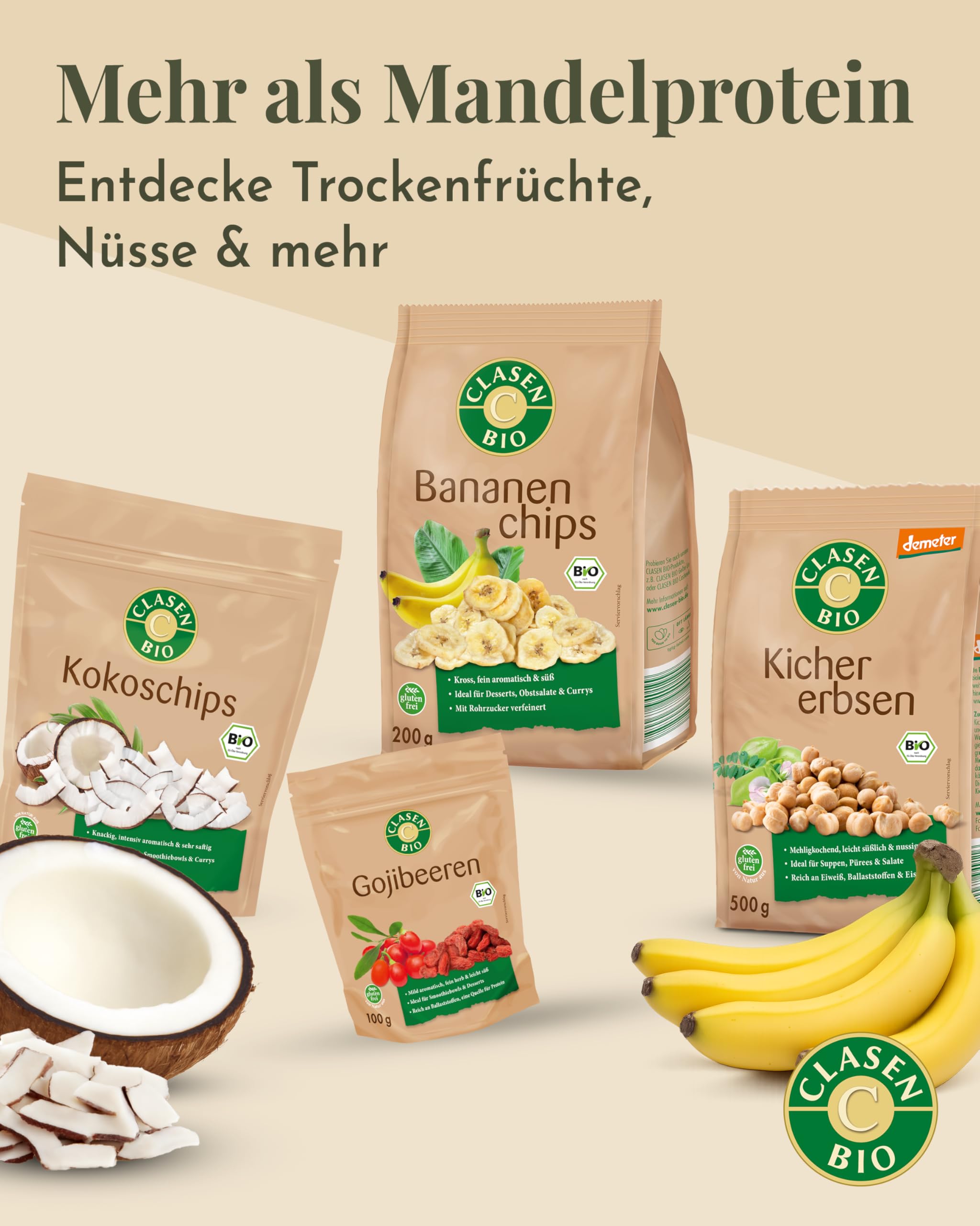 CLASEN BIO Mandelprotein 3x300g Bundle – Mandelmehl teilentölt mild nussig & leicht süß – Low Carb Almond Flour ideal für Kuchen, Desserts & Pancakes – Reich an Protein, Ballaststoffen, Calcium