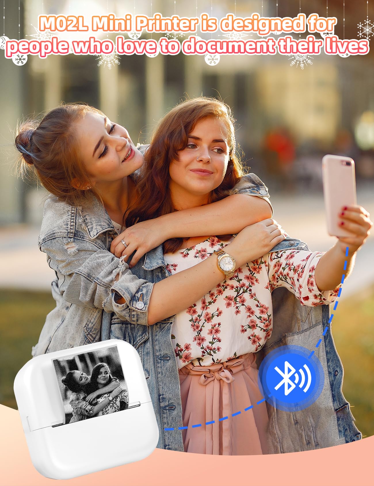 Memoking Mini Imprimante Thermique - M02L Petite Bluetooth Mini Imprimante Portable Stickers Autocollant avec 1 Rouleau de Papier, pour Les Photos, Apprentissage, Plaisir, DIY, Cadeaux