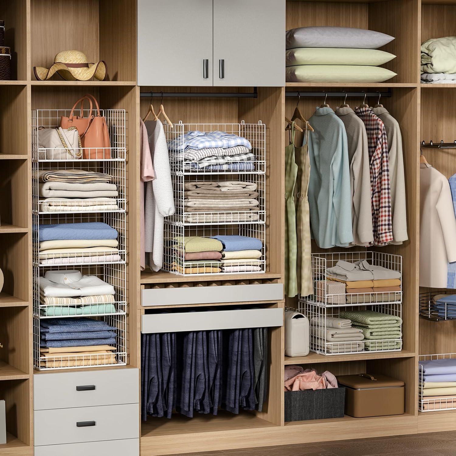 5-Tier Stackable Closet Organizers and Storage Basket - Foldable Closet Shelf Organizer System, Space-Saving Clothes Storage Bins Drawer Organizer for Wardrobe, White (Patent Pending)