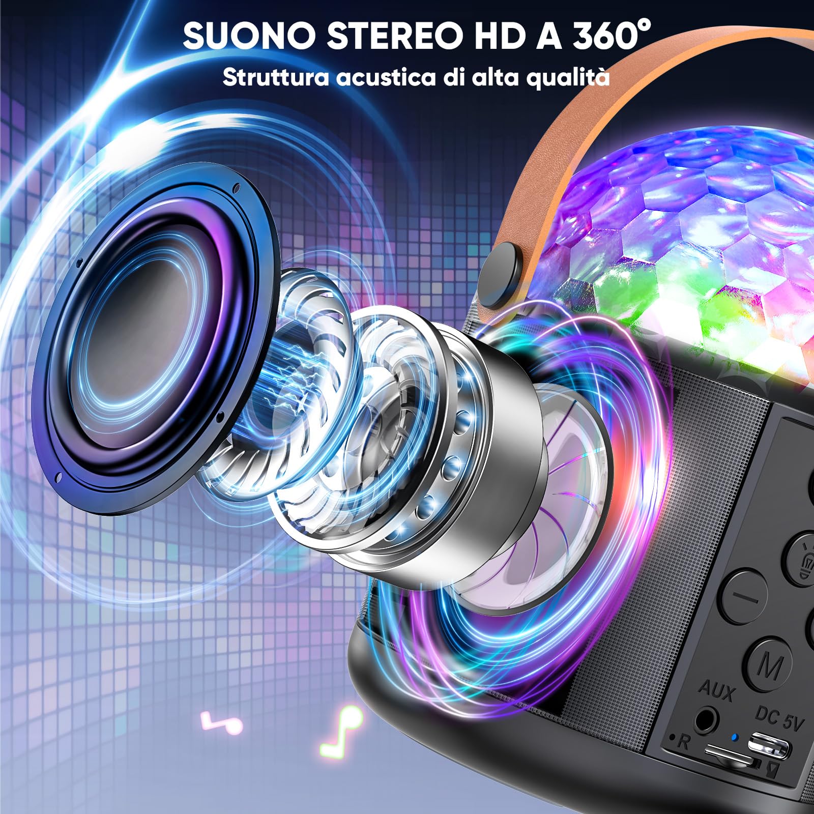 Karaoke con Microfono con Luci da Discoteca,Professionale Microfono Karaoke con 2 Microfono Bambini Adulti Cassa Bluetooth Portatile Giocattoli Regalo Adulti per Feste in Casa e Feste di Compleanno