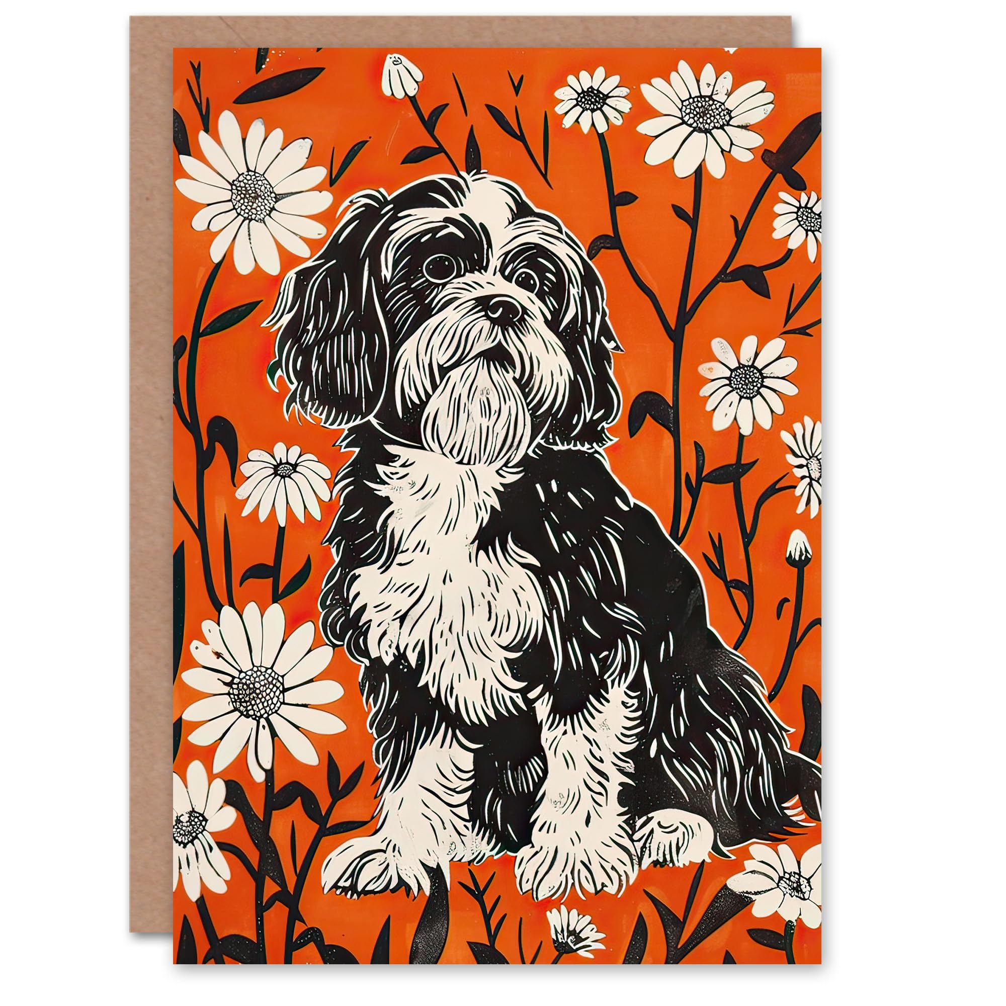 Artery8 Greeting Card Shih Tzu with Daisies Red Floral Dog Lover For Her Woman Birthday Card