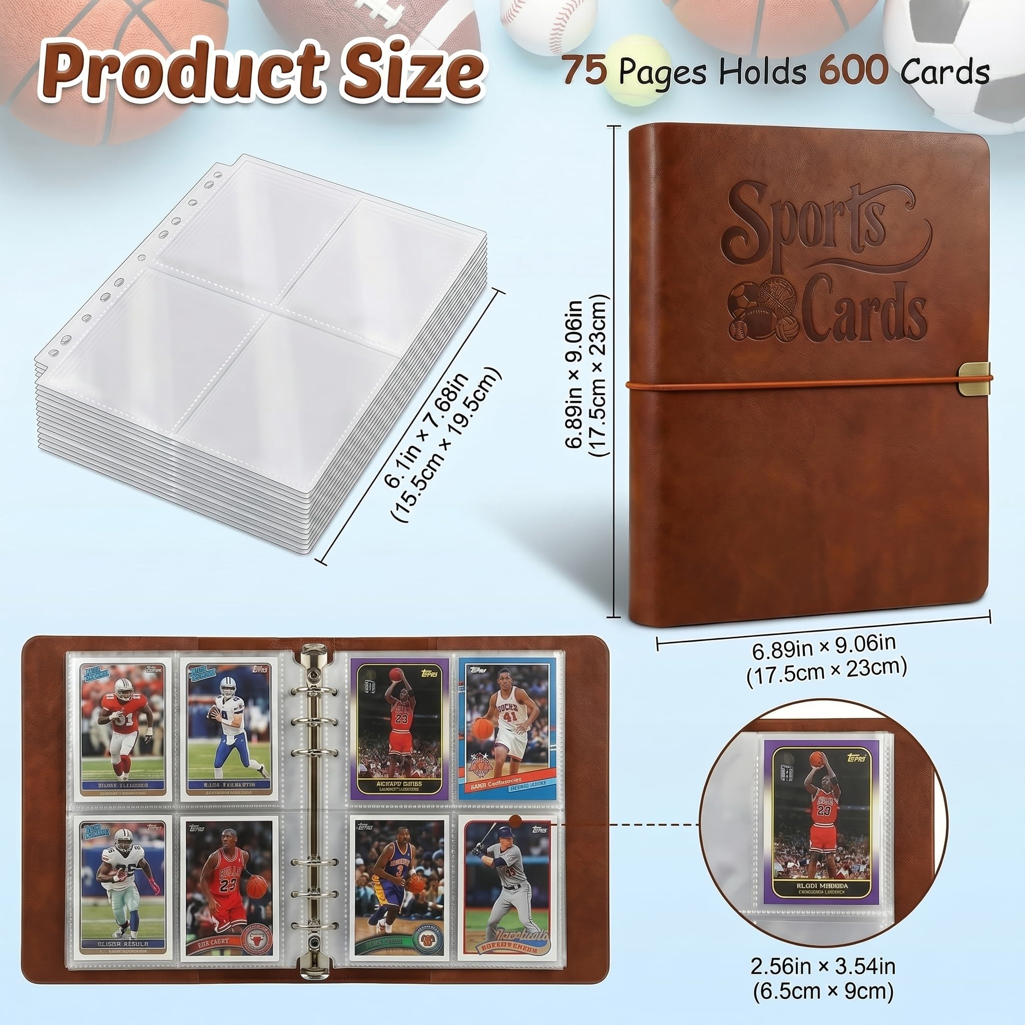 Carpeta de cuero para tarjetas deportivas con 600 bolsillos, 4 bolsillos de doble cara con 75 fundas, carpeta de colección de tarjetas recargables de 6 anillos para tarjetas de béisbol