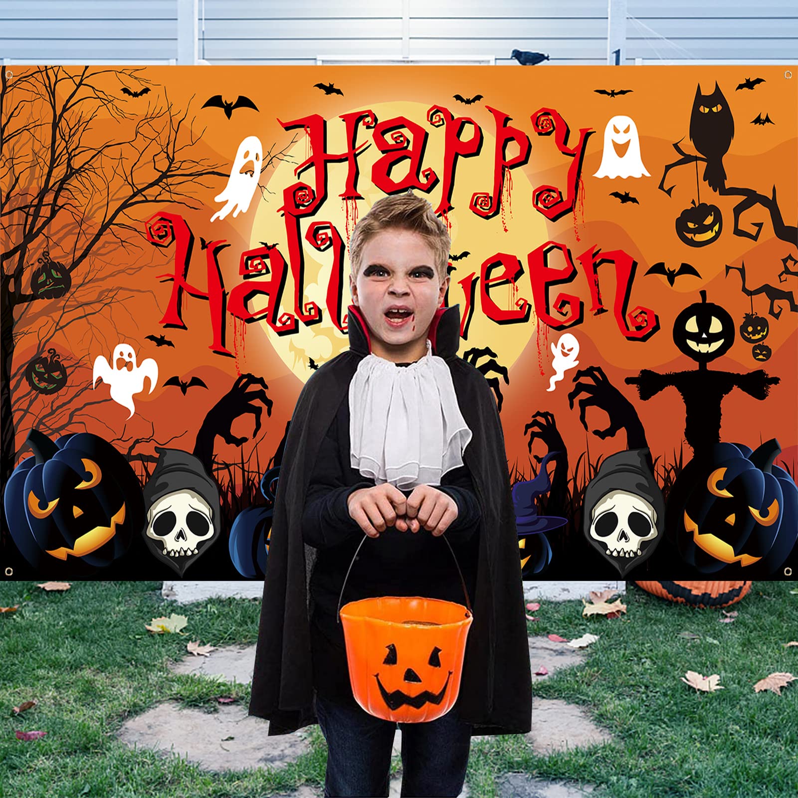 Extra Large Happy Halloween Banner for Indoor/Outdoor Decoration, Black Orange, 185x110cm / 71x43inch - Image 3