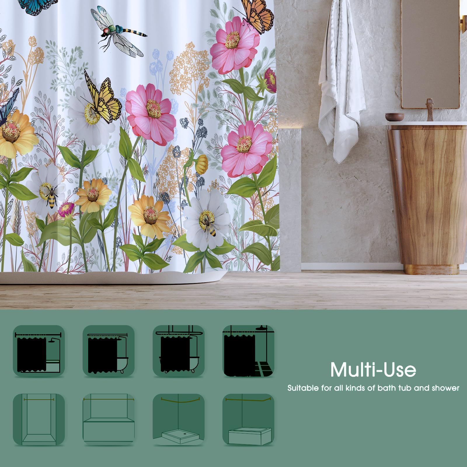 JOYMIN Duschvorhang-Set – Aquarell-Blumen, 183x183 Cm, Mit 12 Haken, Wasserdicht, Polyester