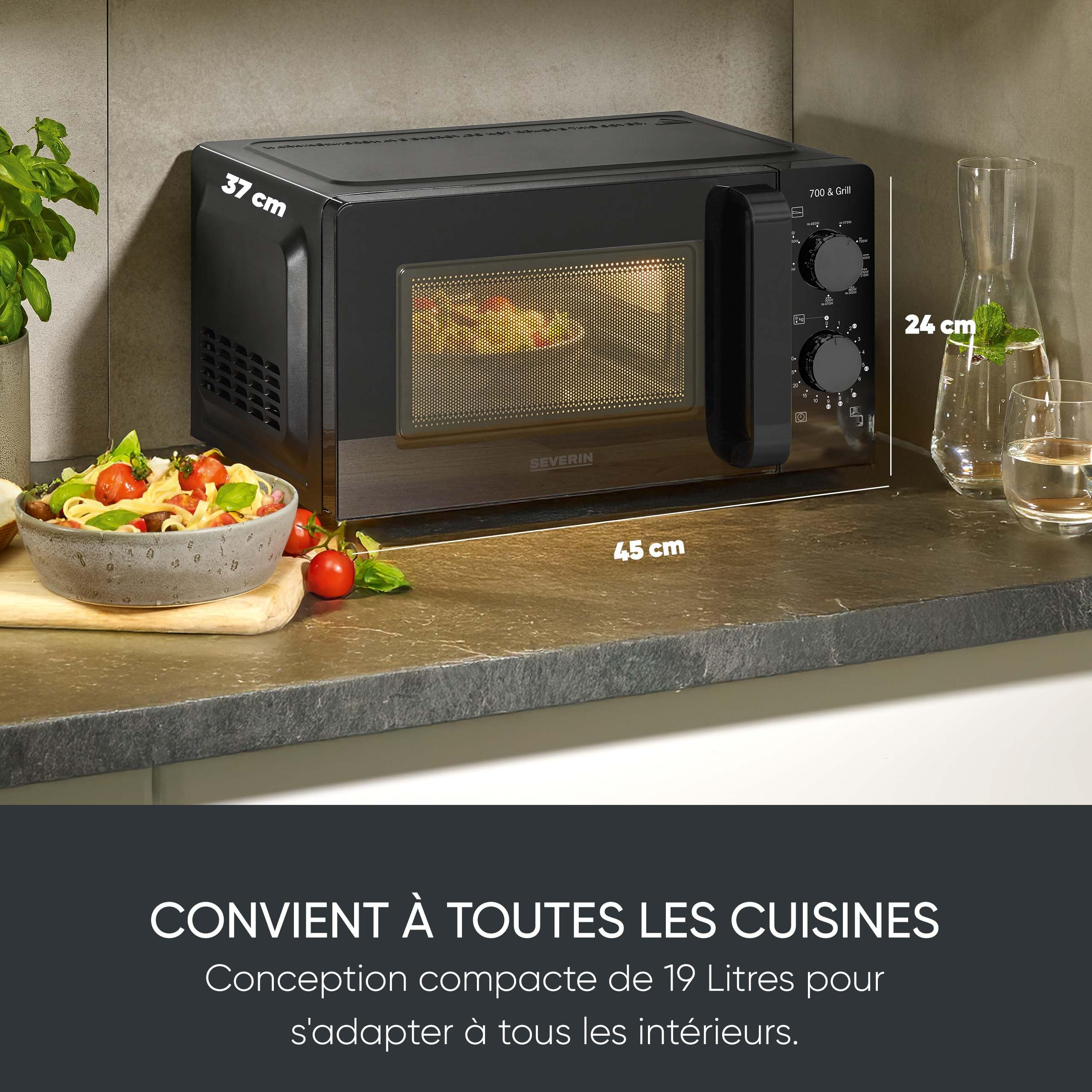 SEVERIN Four Micro-ondes, Gril 900W, 19 L, 9 niveaux de puissance, Minuteur 30 min, Plateau tournant amovible (Ø24,5cm), Noir, MW 9182