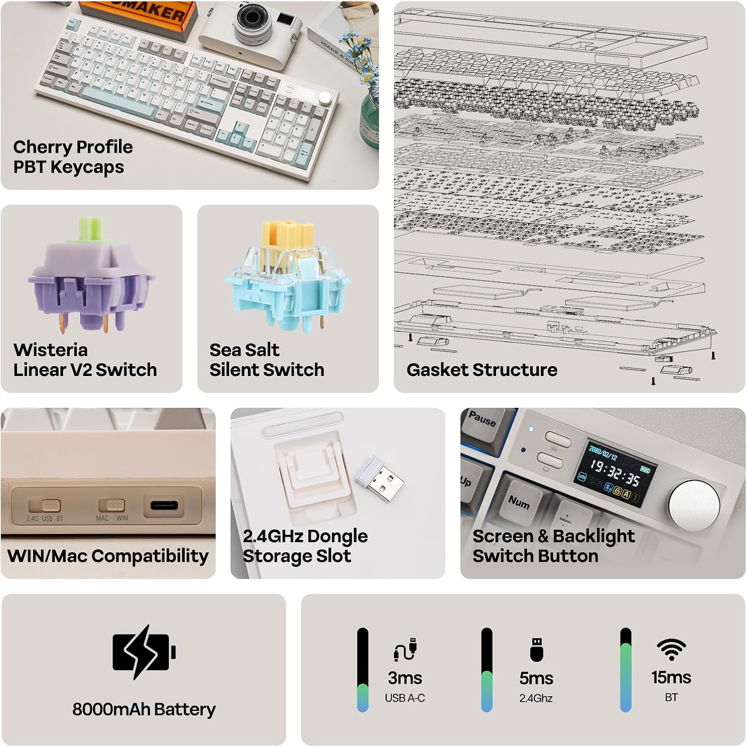 EPOMAKER QK108 Full Size Mechanical Keyboard with Screen & Knob, 8000mAh, QMK/VIA, Creamy&Thocky, Gasket, RGB Backlit, Mac Keycap, Wireless Gaming Keyboard (White Cyan, Sea Salt Silent) - Image 2