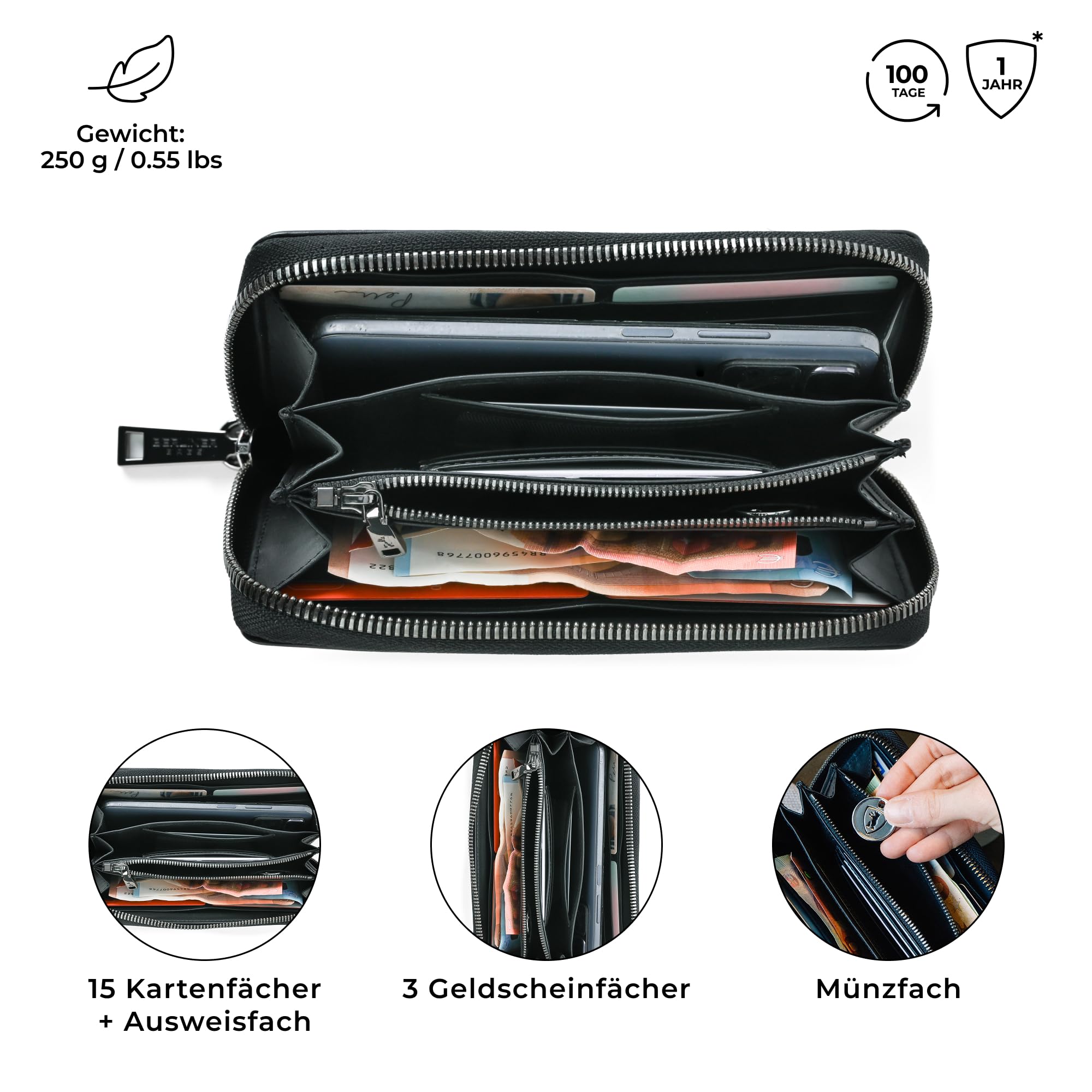 Berliner Bags Premium Geldbörse Lyon, Große Portemonnaie, Geldbeutel aus Leder, mit TÜV-geprüftem RFID-Schutz, inkl, Geschenk-Box, für Damen – Schwarz