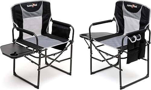 SUNNYFEEL Silla de directores de campamento extra ancha para adultos, resistente, portátil, compacta, plegable, con mesa auxiliar para pesca, al