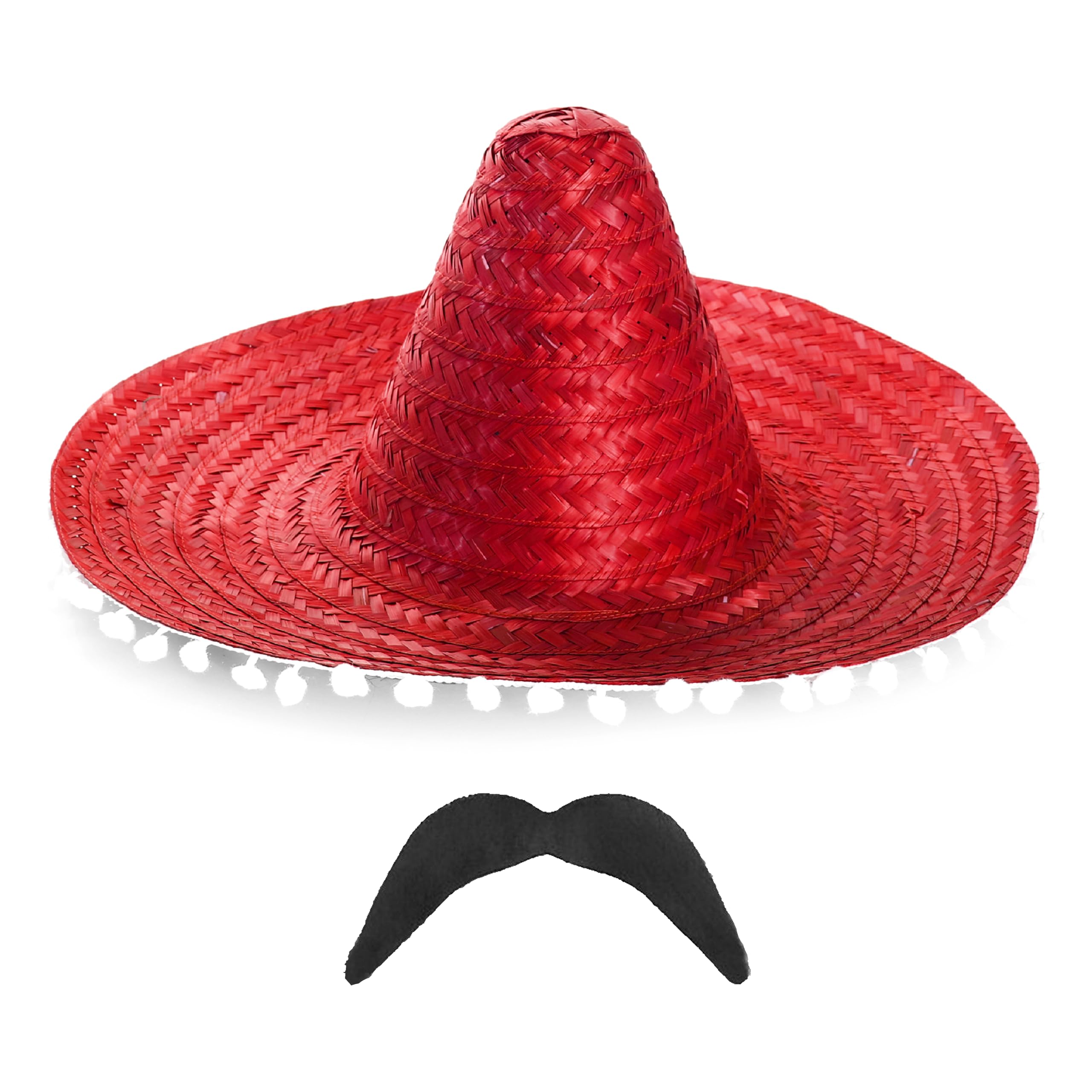 Mexican Sombrero and Moustache Set - Pack of 1 - Red Straw Sombrero and Black Moustache - Adults Mexico Cinco de Mayo Fiesta Fancy Dress Costume